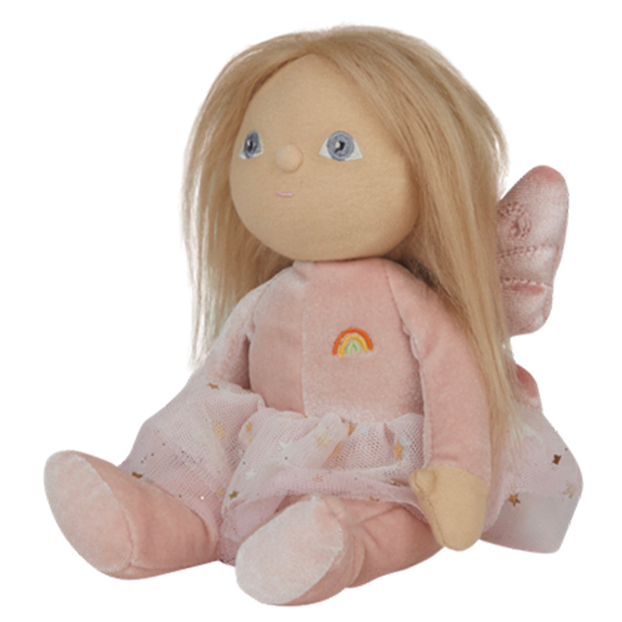 Plush fairy doll with blonde hair and pink outfit on a white background