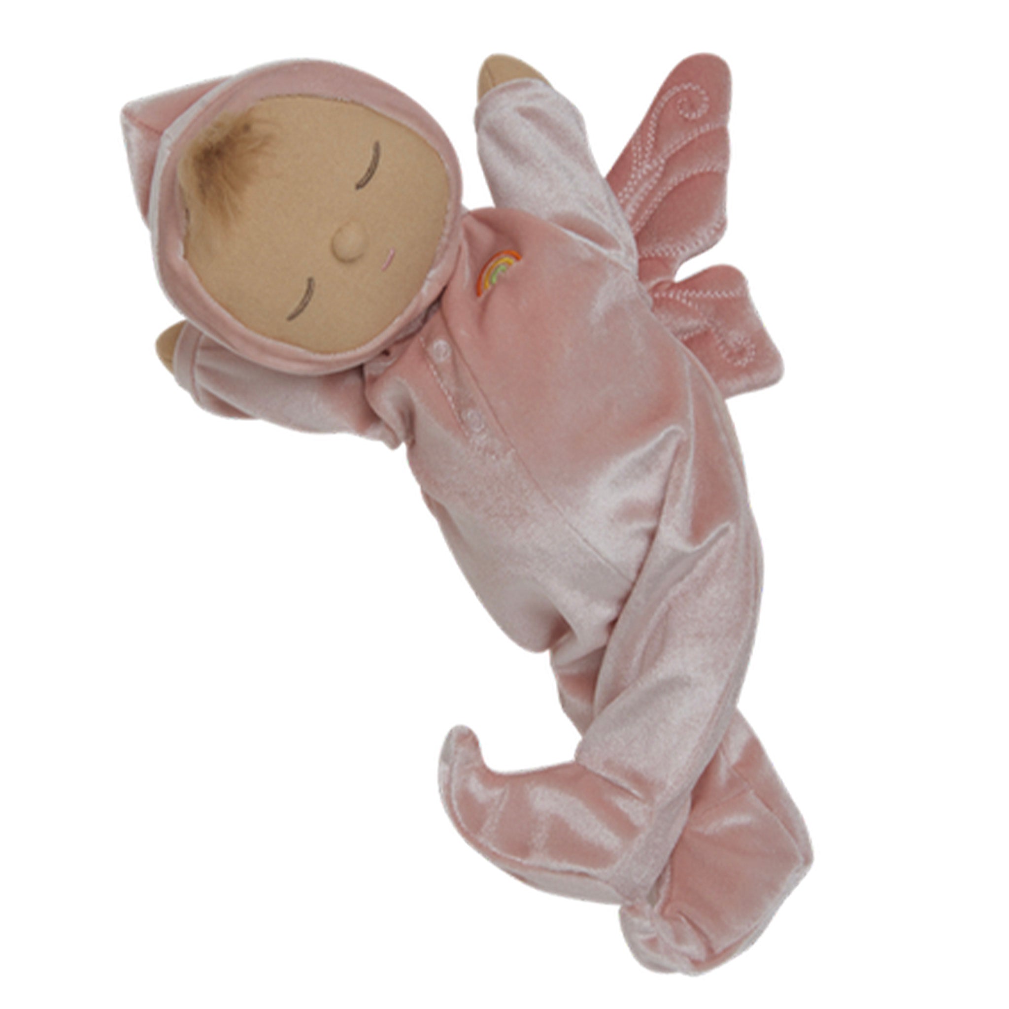 Pink plush baby toy with a hood on a white background