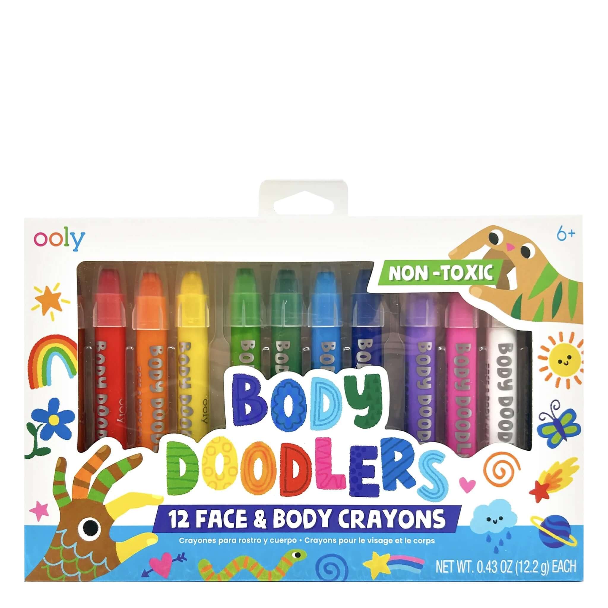 Ooly Face & Body Doodlers Crayons set of 12 non-toxic face and body crayons in vibrant colors.
