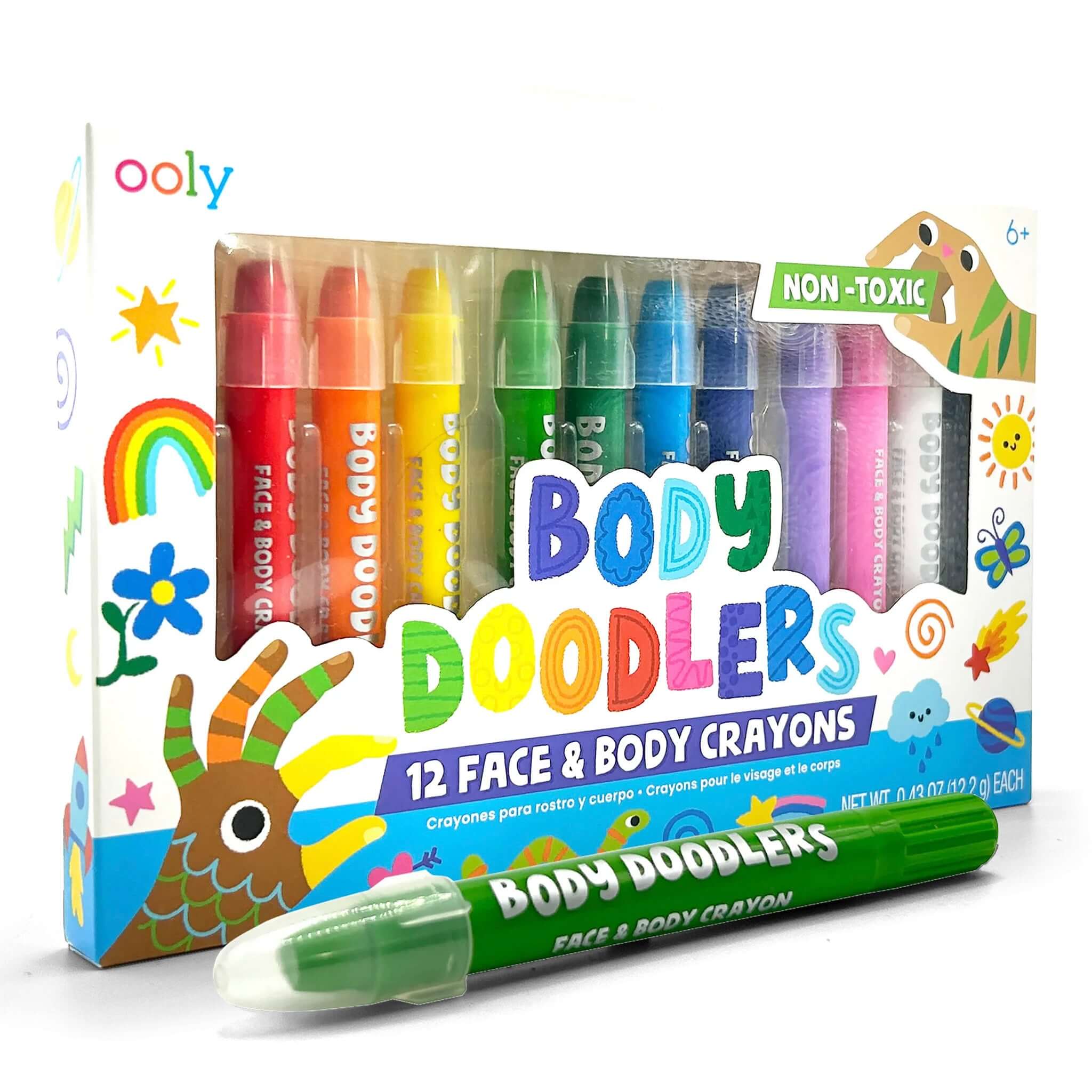 Ooly Face & Body Doodlers Crayons set of 12 non-toxic, fun body crayons for kids' creative play.