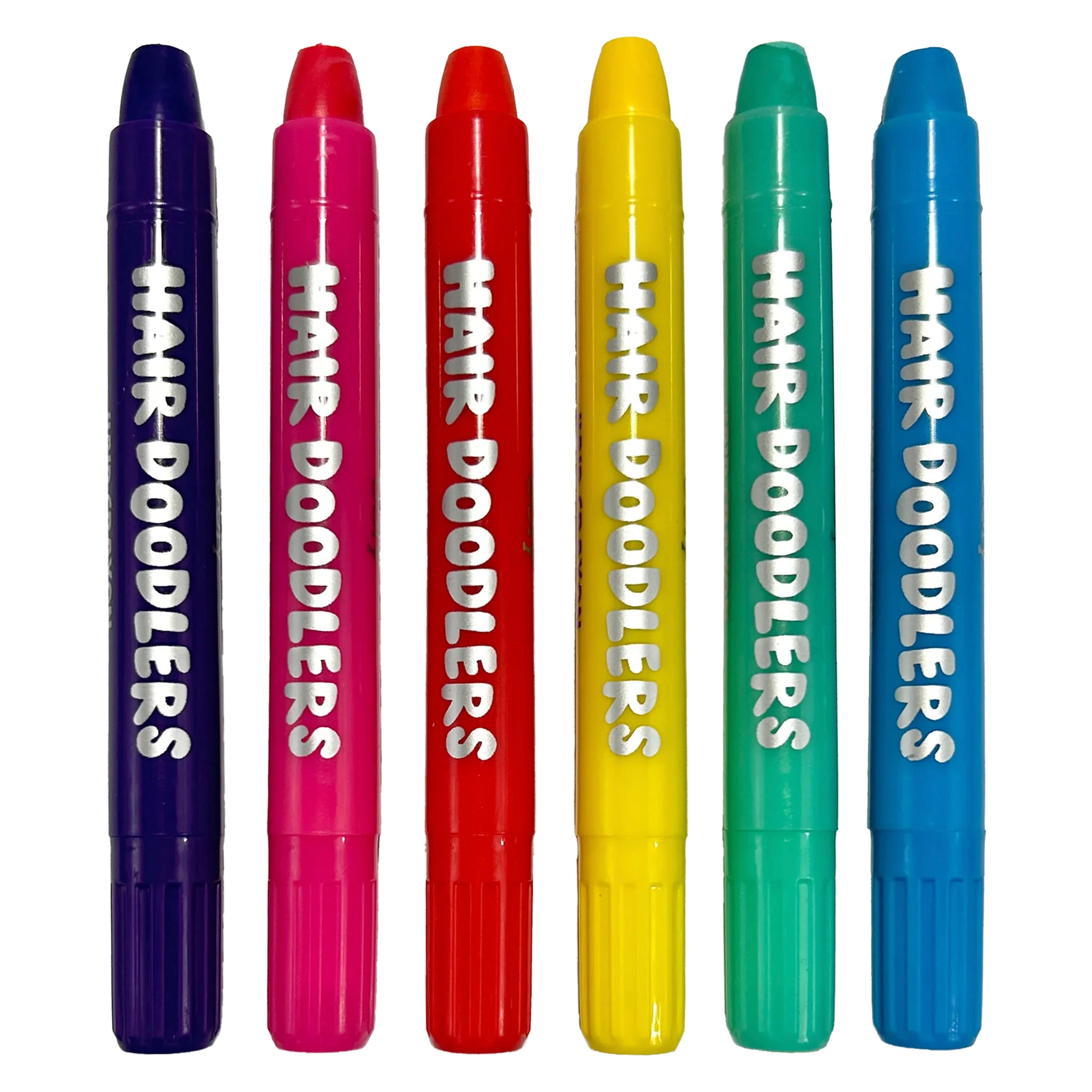 Set of six colorful markers labeled 'Hair Doodlers' on a white background
