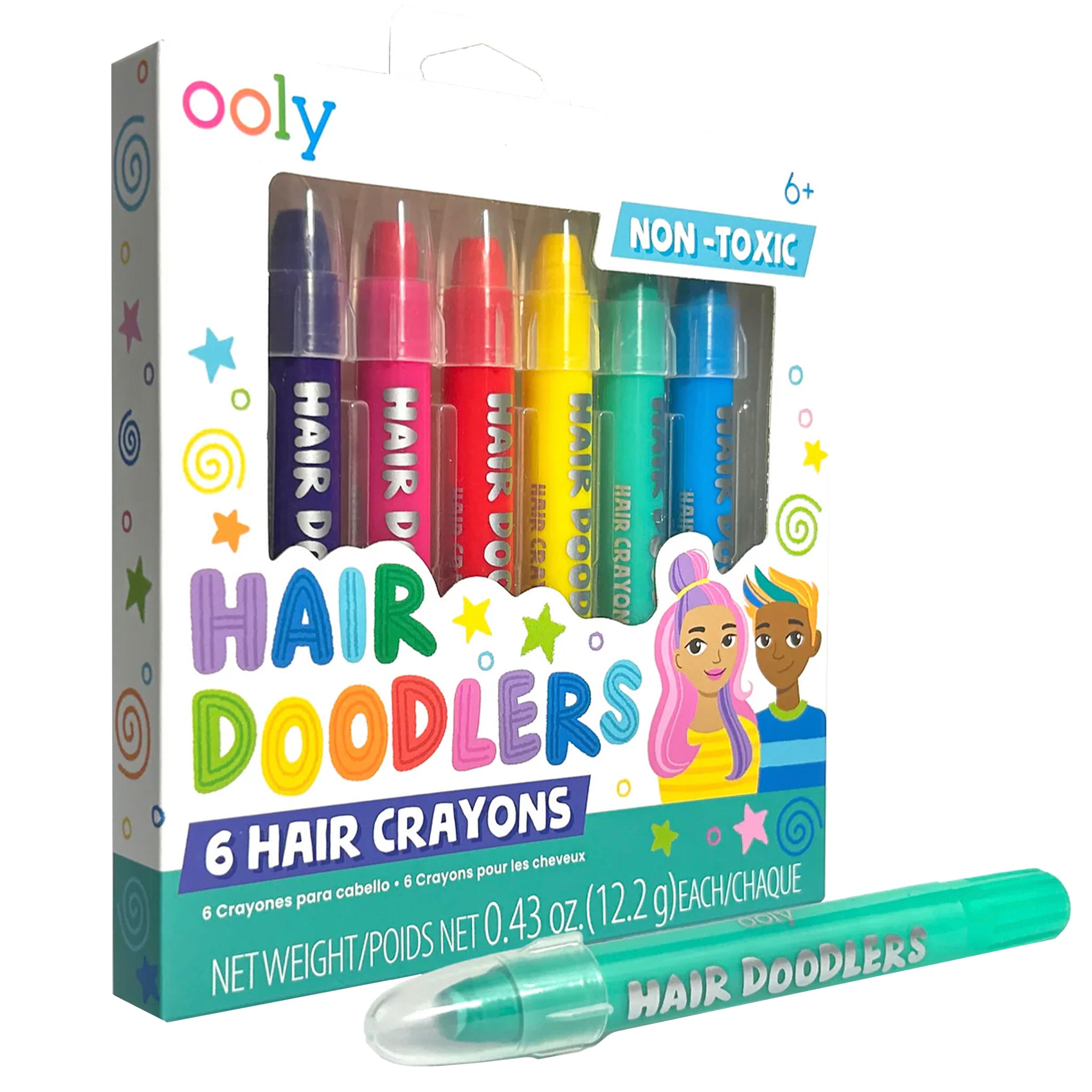 Box of Ooly Hair Doodlers hair crayons with a teal crayon in front