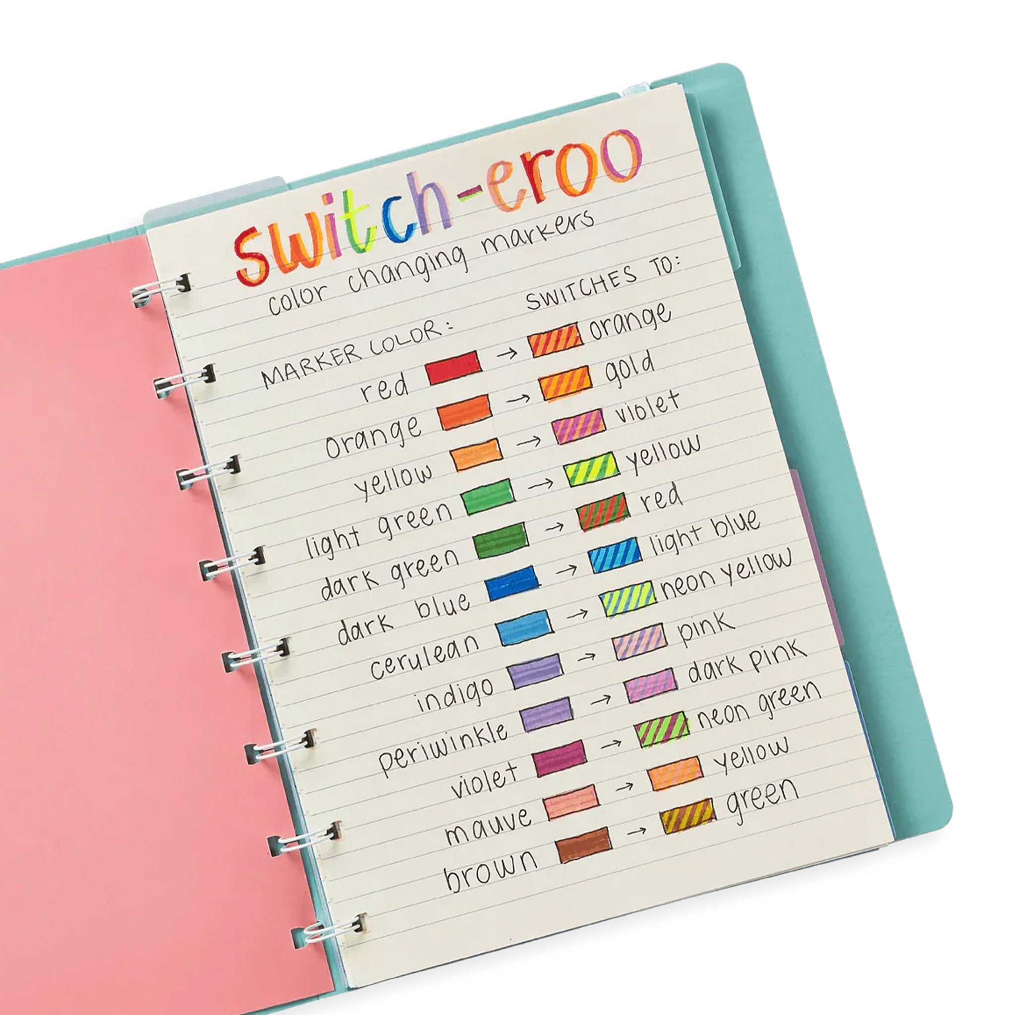 Color chart for switch-eroo color-changing markers on a notebook page.