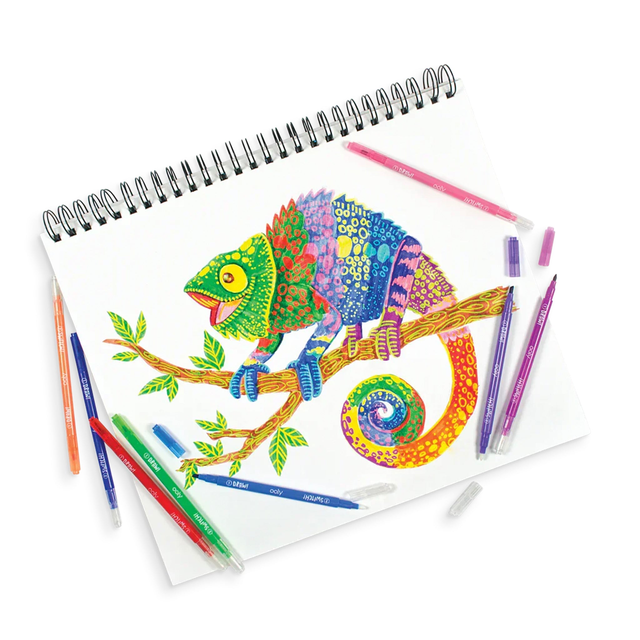 Coloring book with a chameleon illustration and colored pencils on a white background