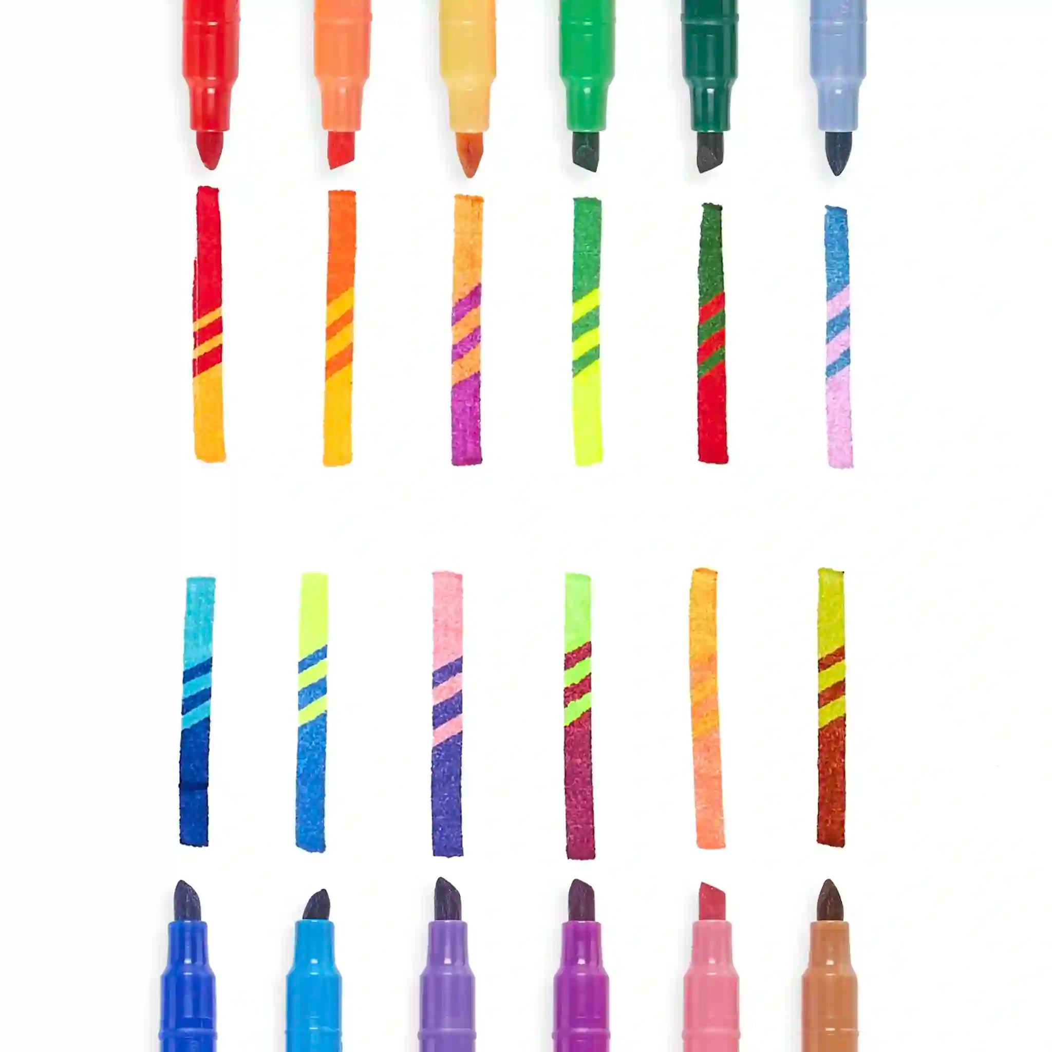 Set of colorful markers with striped designs on a white background