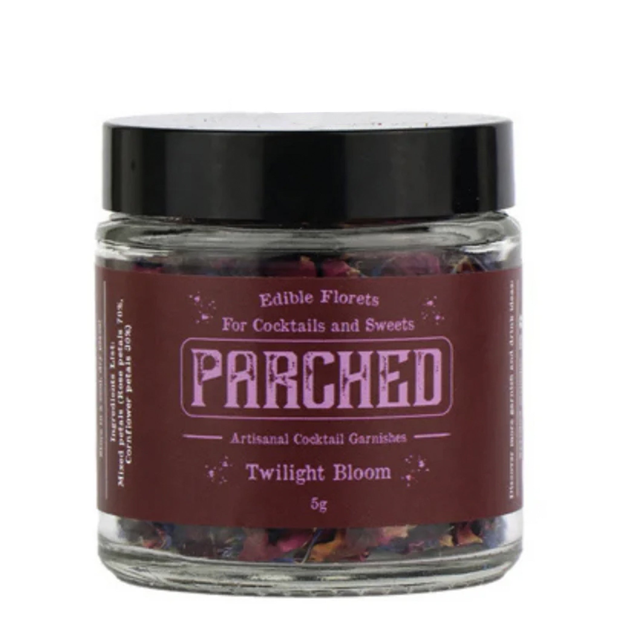 Jar of 'Parched' edible florets with a black lid on a white background