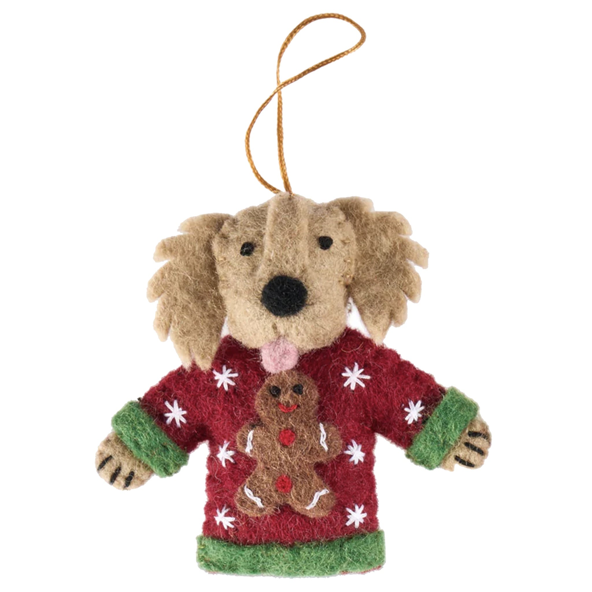 Felt dog ornament wearing a red sweater with a gingerbread man design on a white background