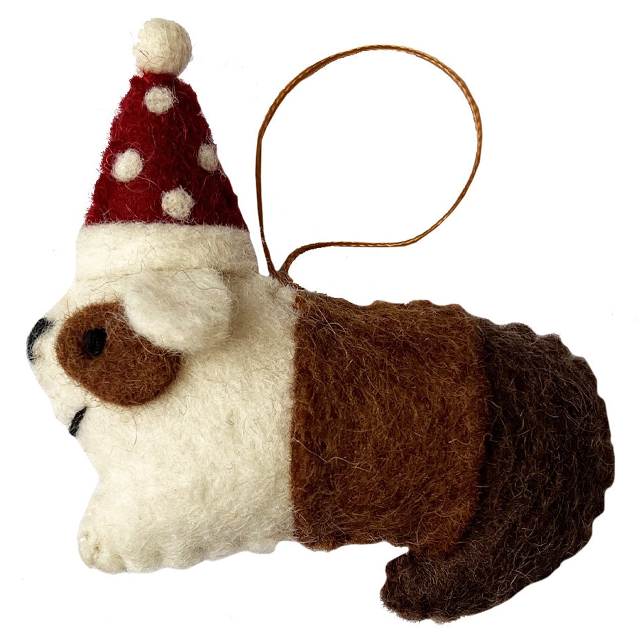 Felted animal ornament resembling a dog with a Santa hat on a white background