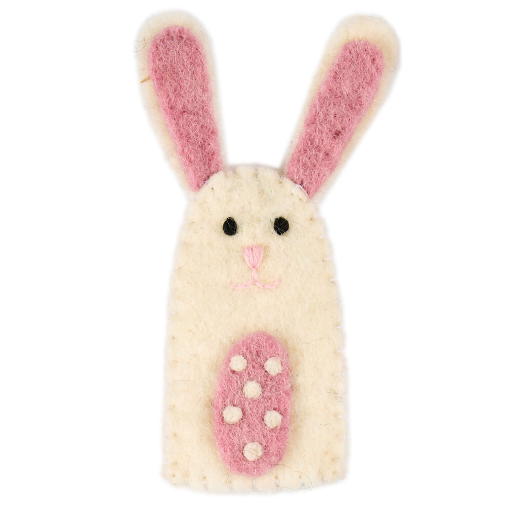 Alt Tag: Pashom Nepal Felt Finger Puppet - Bunny handmade New Zealand wool felt bunny finger puppet, cream with pink ears, Easter gift