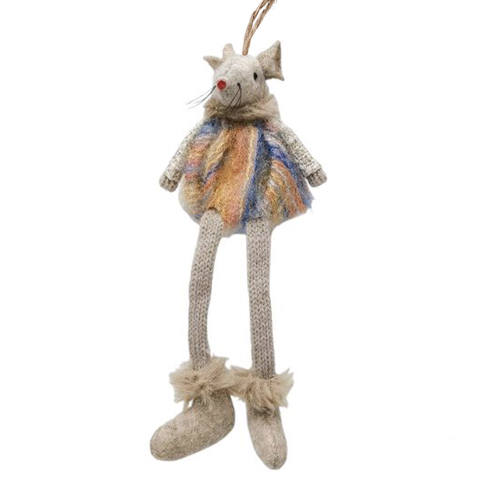 Knitted mouse decoration with a colorful skirt on a white background