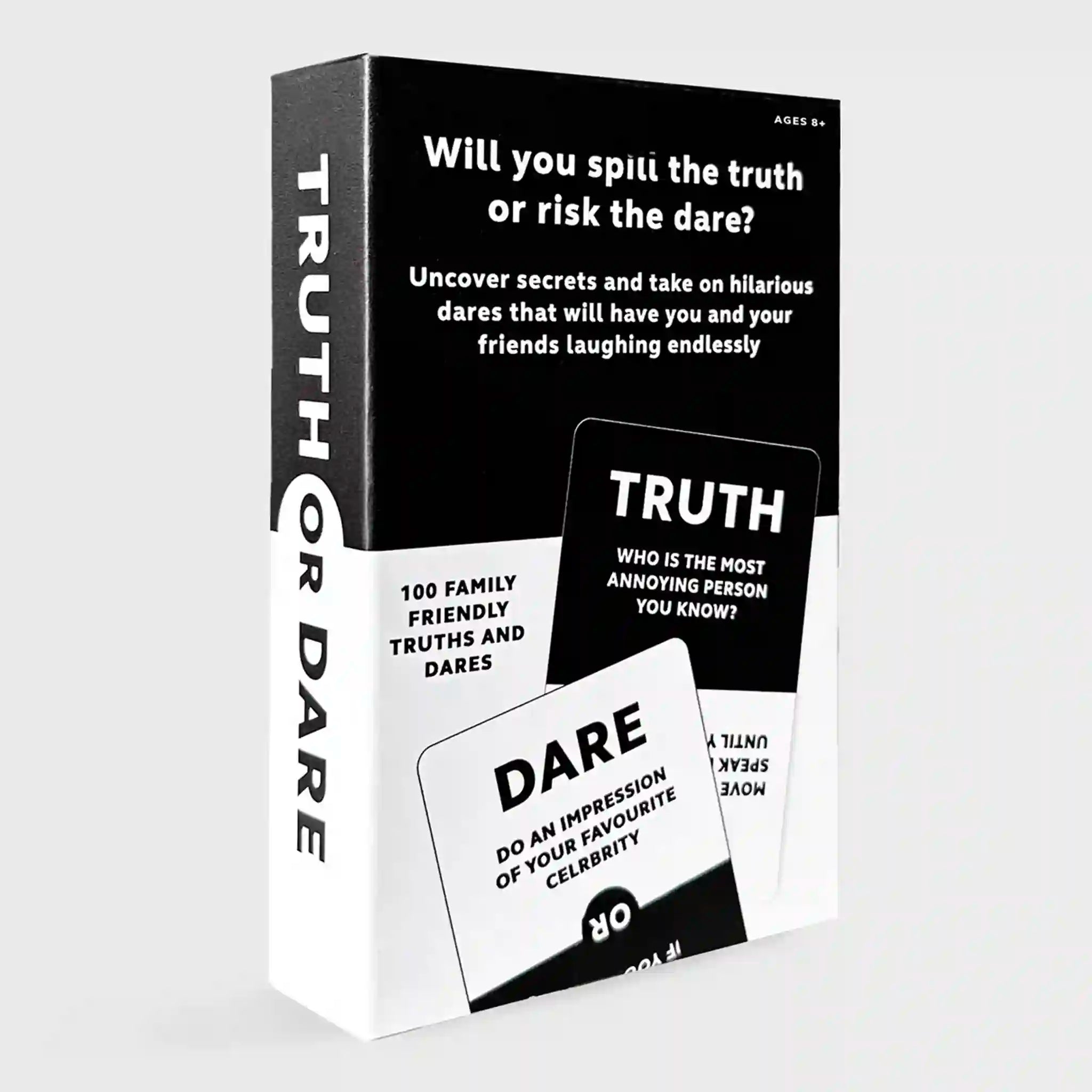 Box of 'Truth or Dare' game with text and cards on a white background