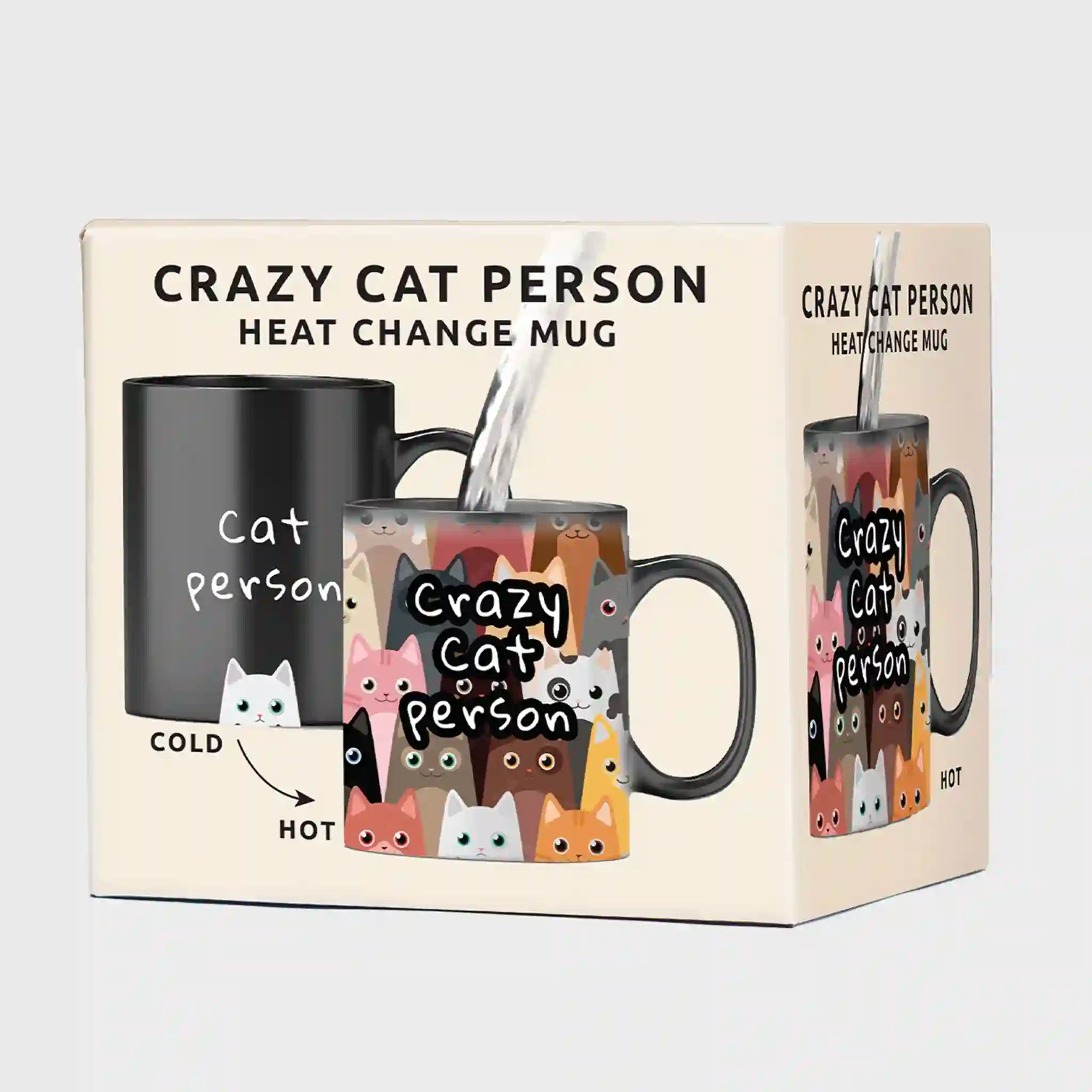 Crazy Cat Person heat change mug in packaging with cat illustrations on a white background