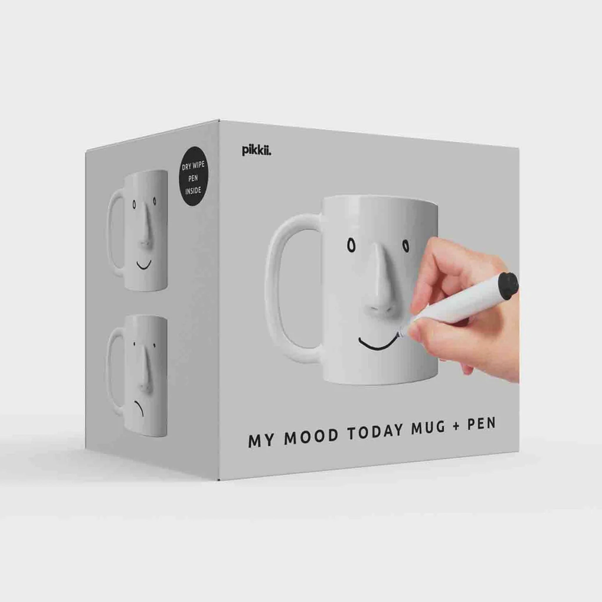 Pikiki My Mood Today Mug and Pen set in packaging with a hand holding a pen.