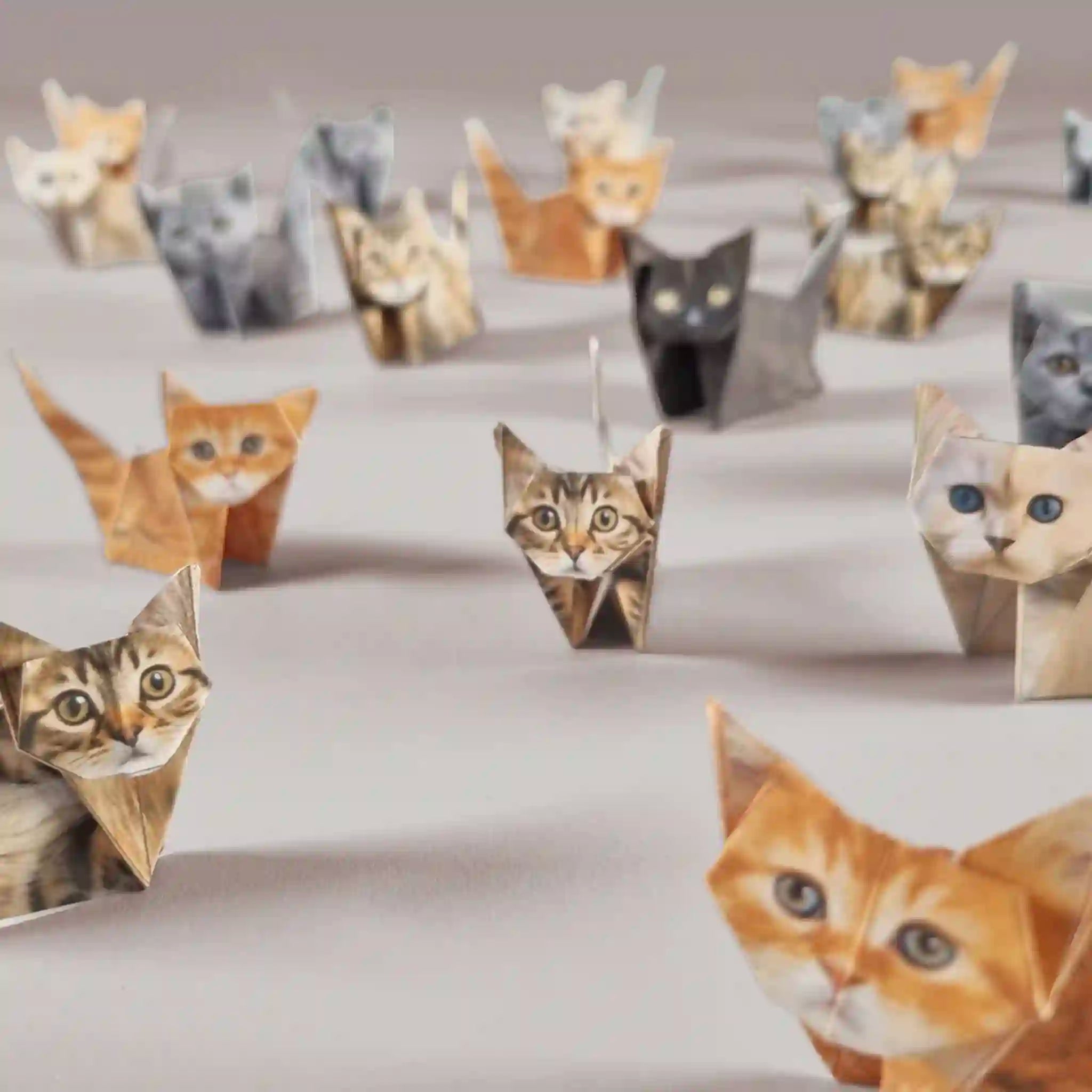 Origami cats arranged on a flat surface