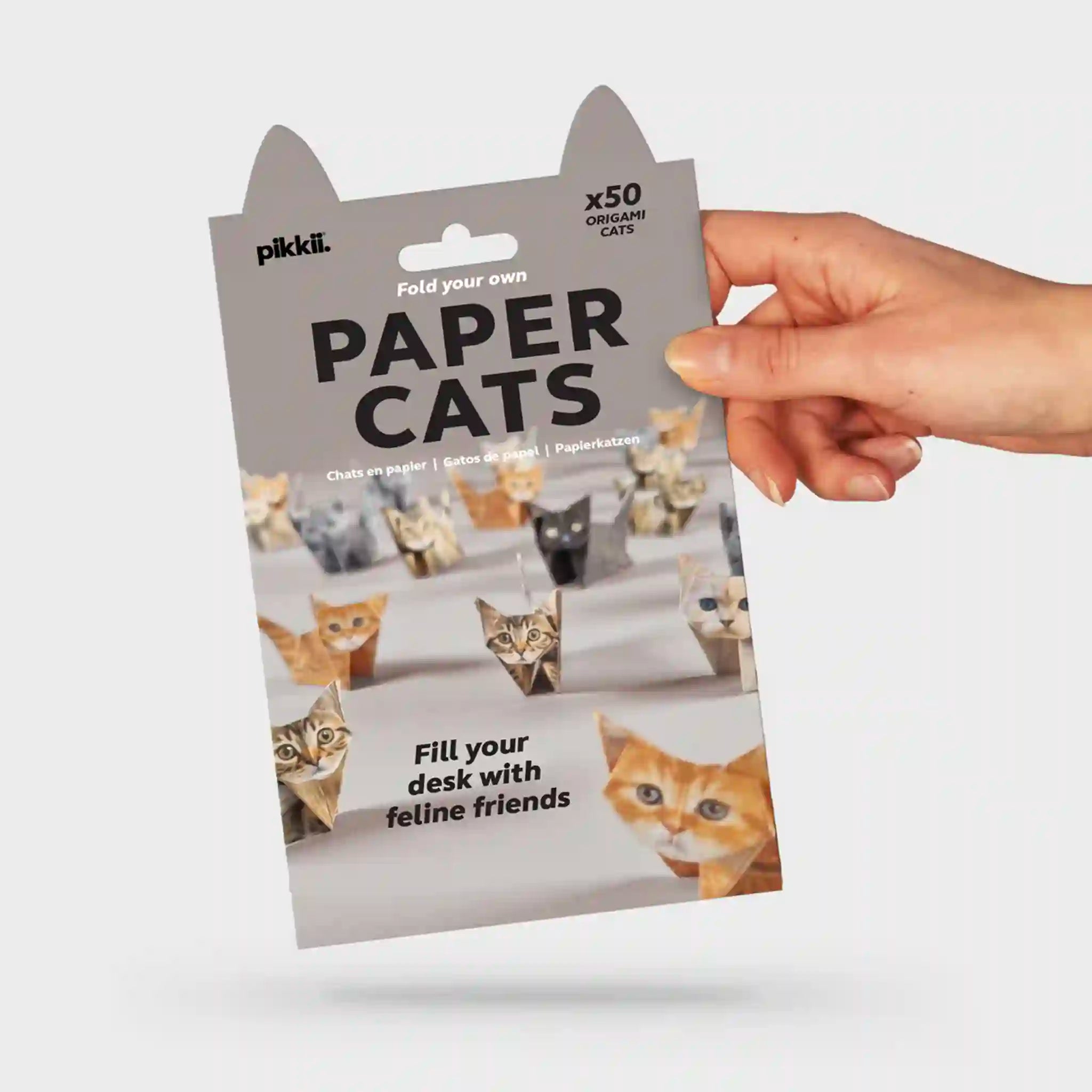 Pakkii paper cats packaging held by a hand on a white background