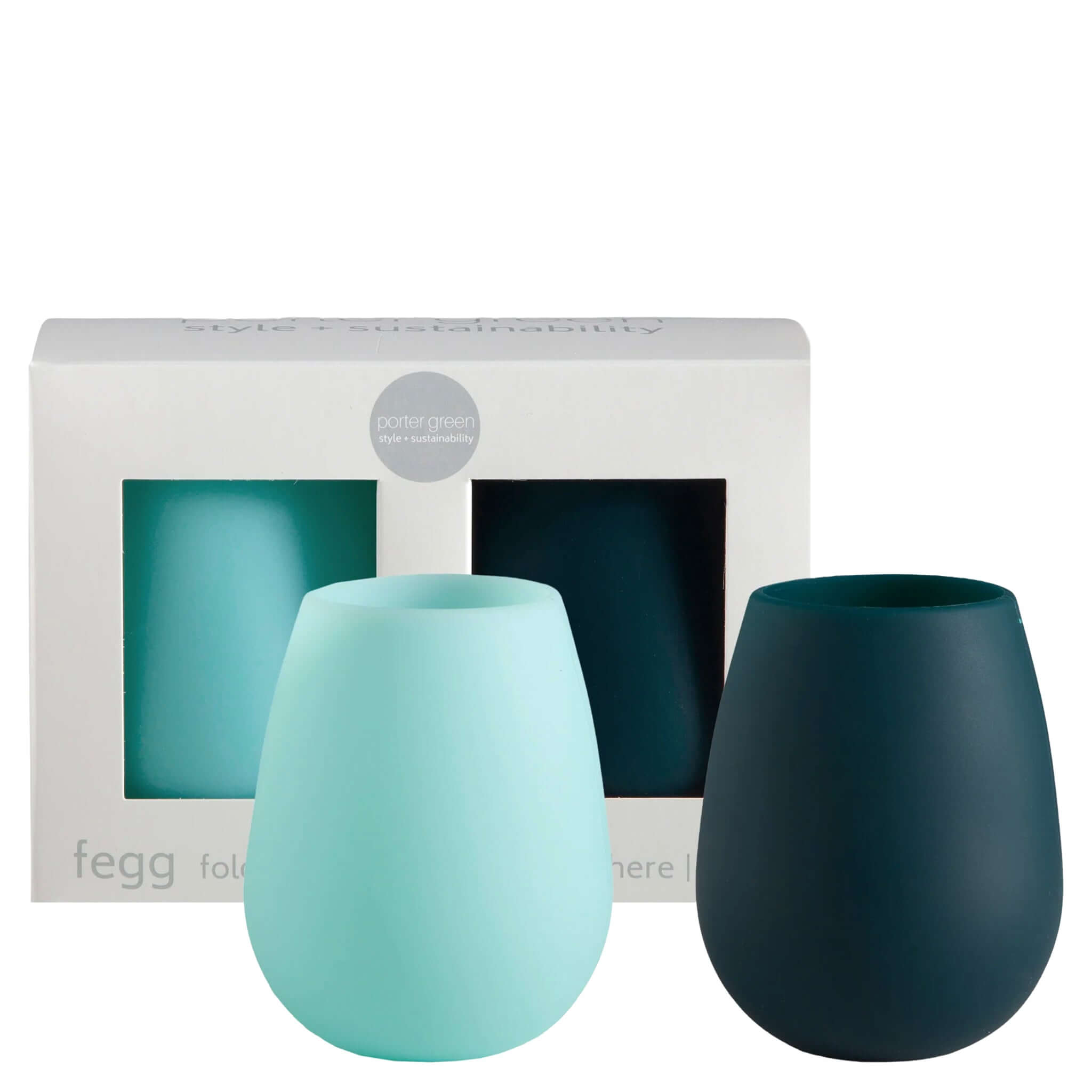 Porter Green Stemm Unbreakable Wine Glass Set - Mist & Ink in blue and green silicone packaging.