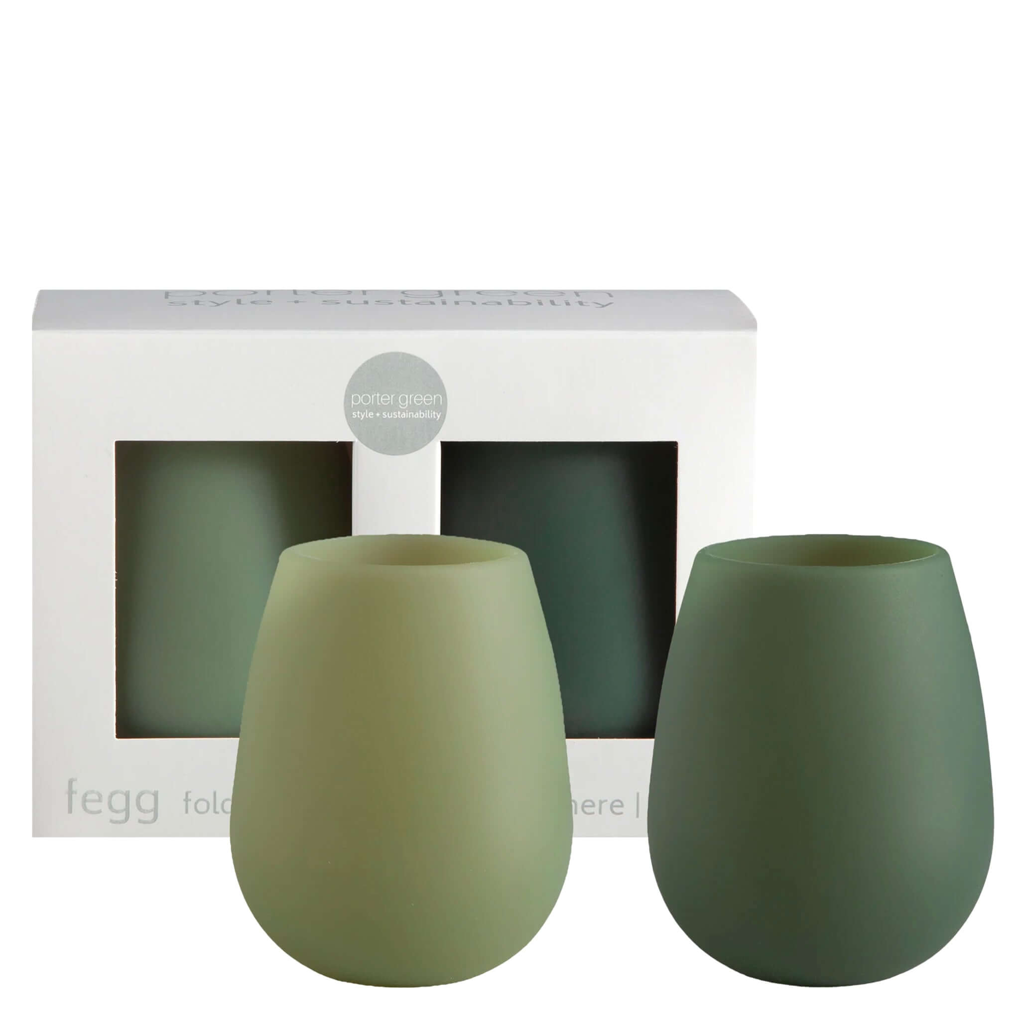 Porter Green Fegg Unbreakable Glass Set - Sage & Olive in packaging with two silicone tumblers.