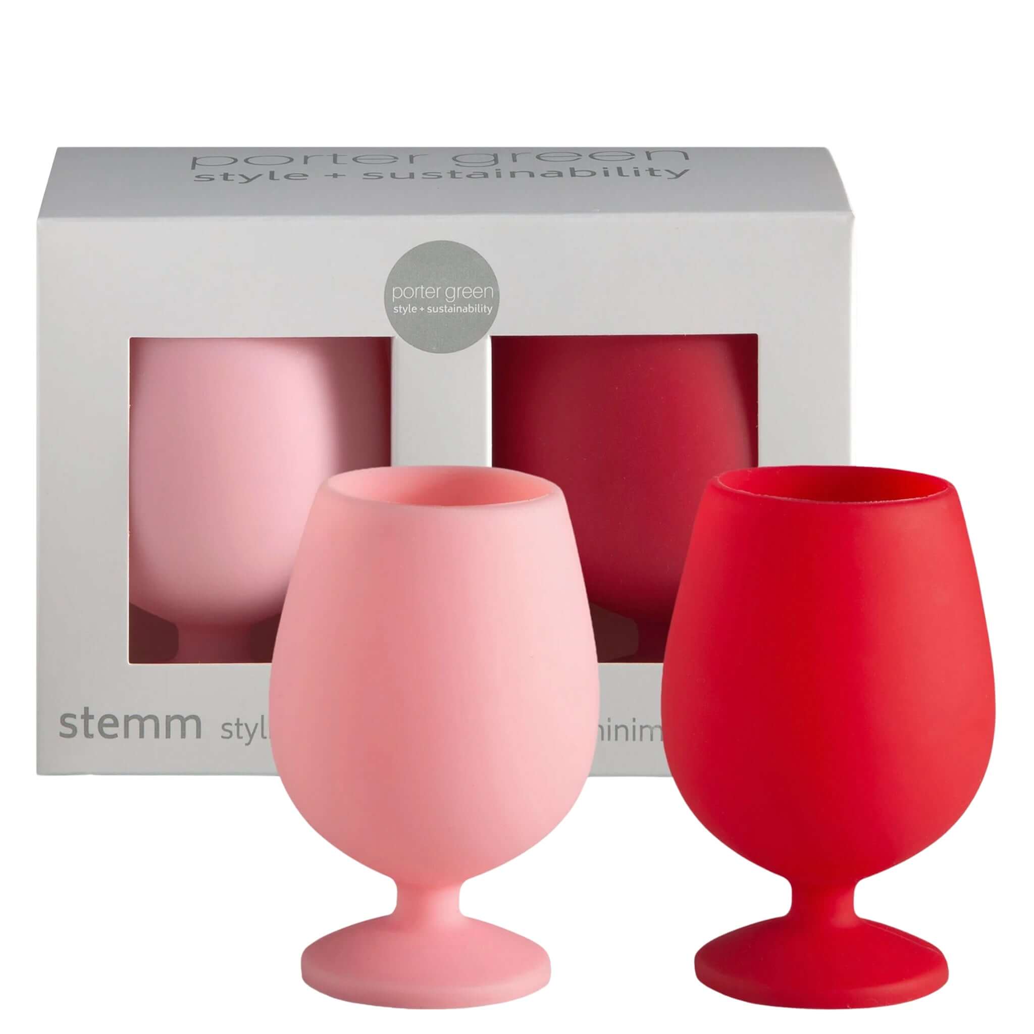 Porter Green Stemm Unbreakable Wine Glass Set - Cherry & Blush in packaging with pink and red silicone glasses.