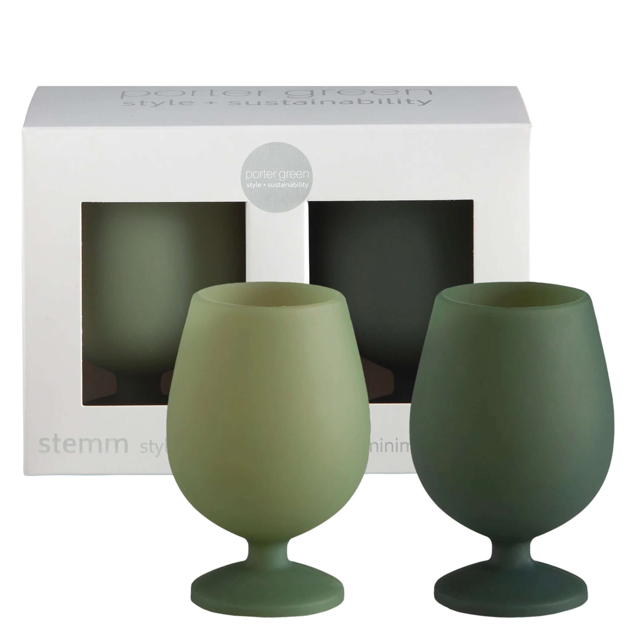 Porter Green Stemm Unbreakable Wine Glass Set - Sage & Olive in a box, featuring two silicone glasses.