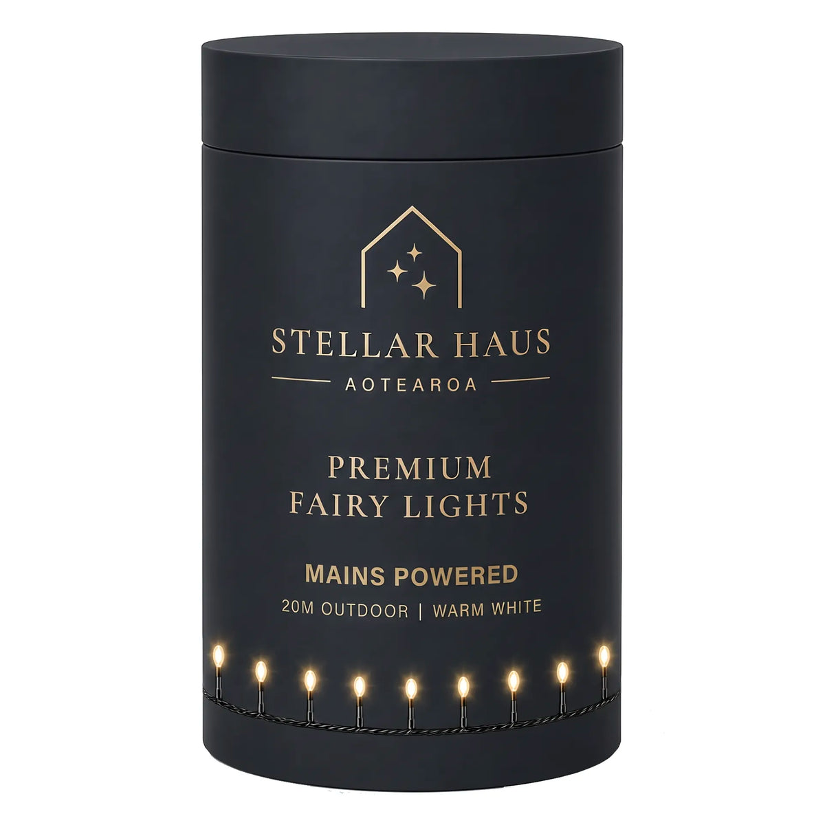 Premium Fairy Lights - Mains Powered 20m, warm white lights on a black cable
