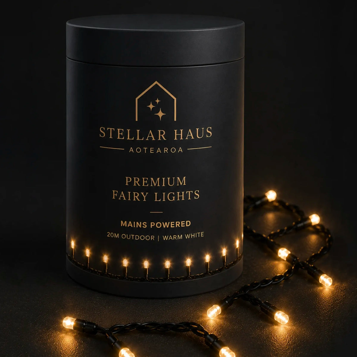 Premium Outdoor Fairy Lights - Mains Powered 20m shown illuminated at night