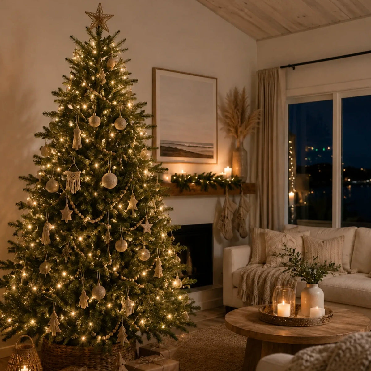 Premium Outdoor Fairy Lights - Mains Powered 20m shown glowing around an outdoor entertaining area