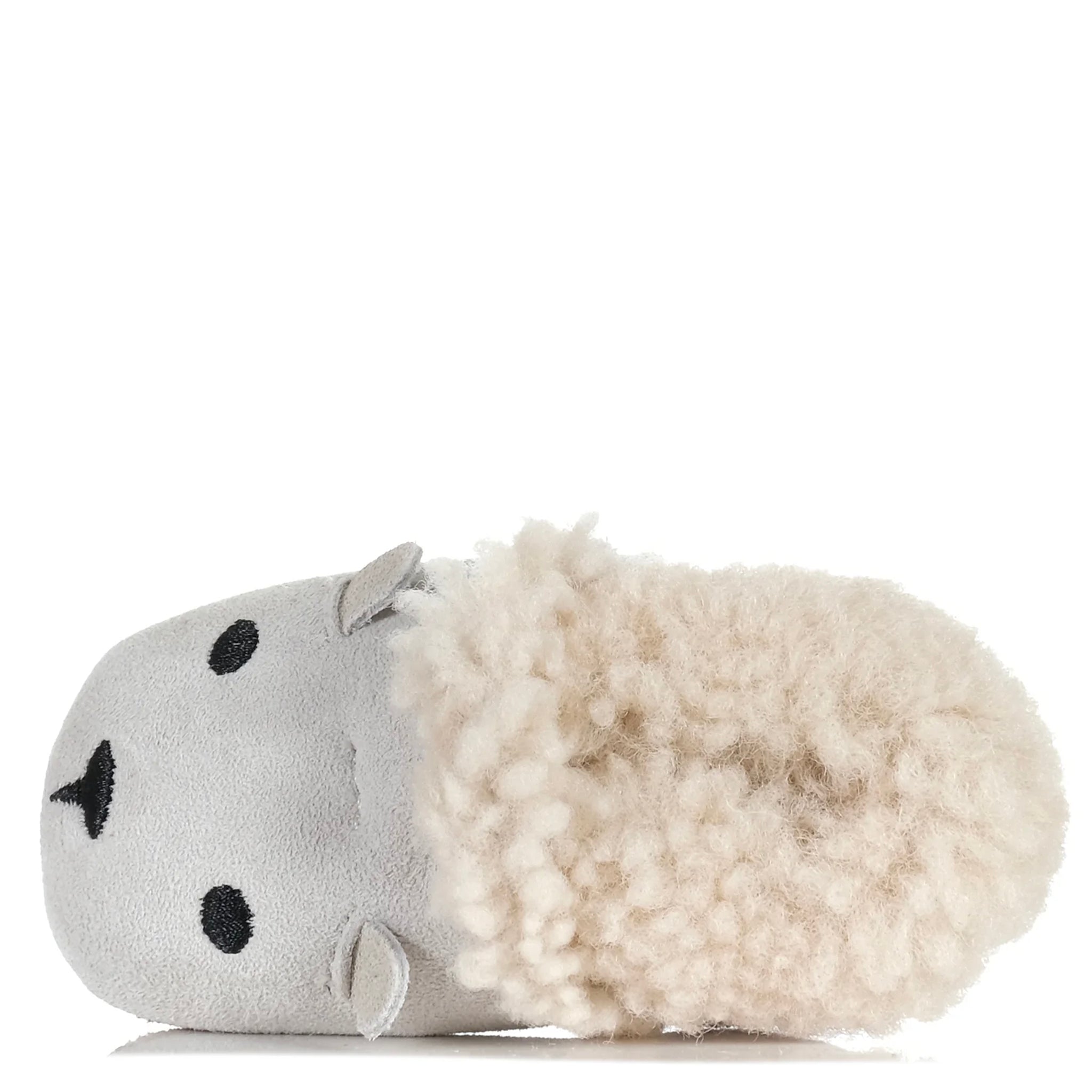 Gray plush toy with white pom-pom on a white background