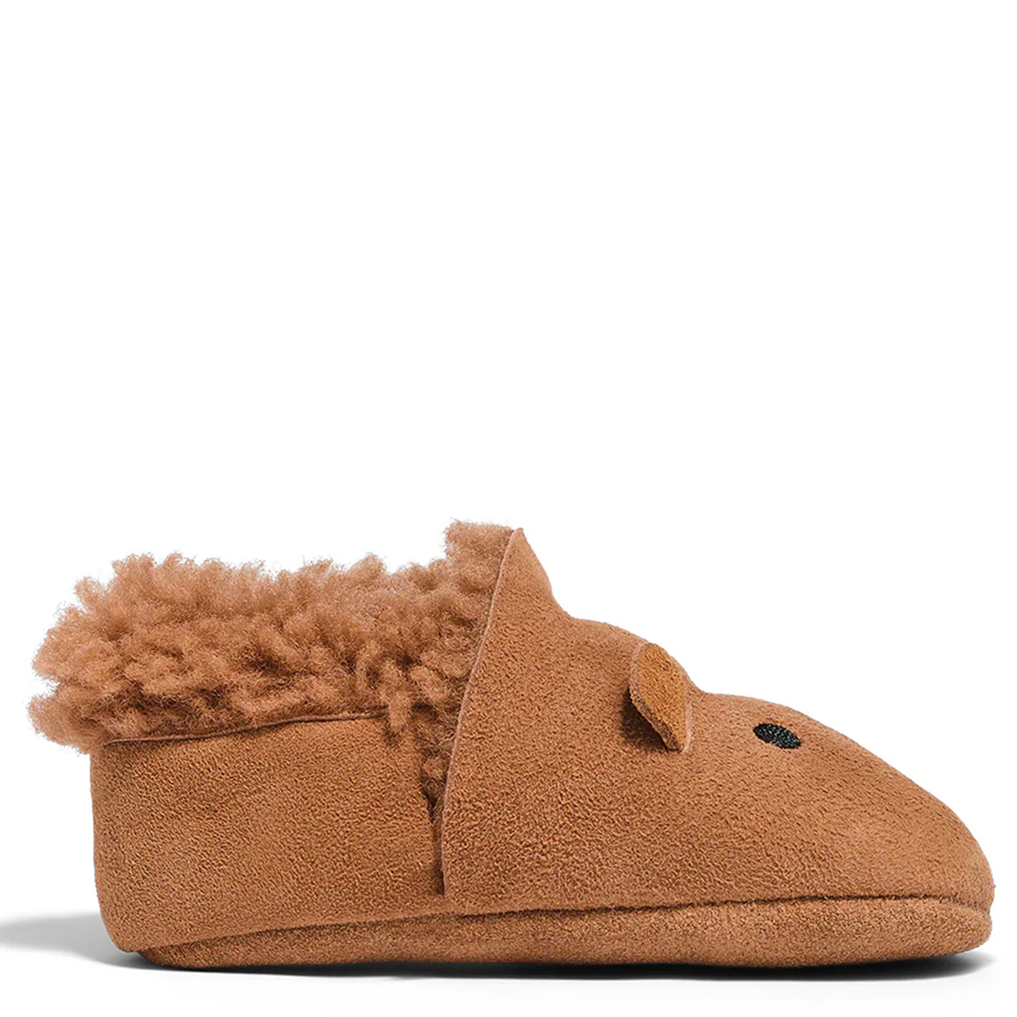 Brown slipper with fluffy texture on a white background
