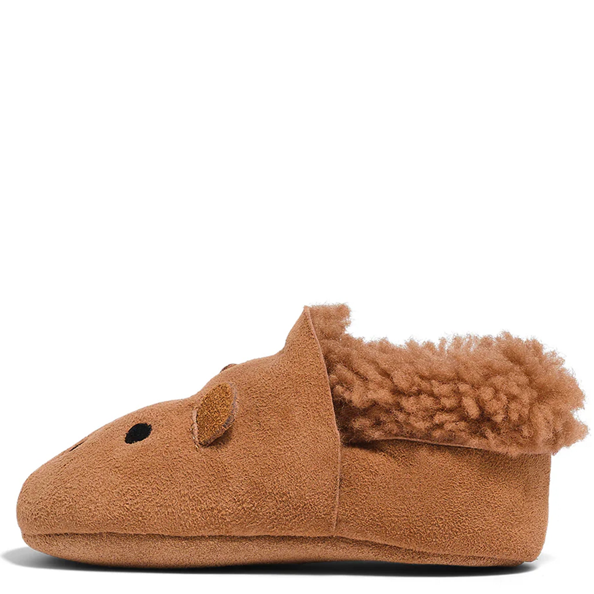 Brown fuzzy slippers with a cute design on a white background