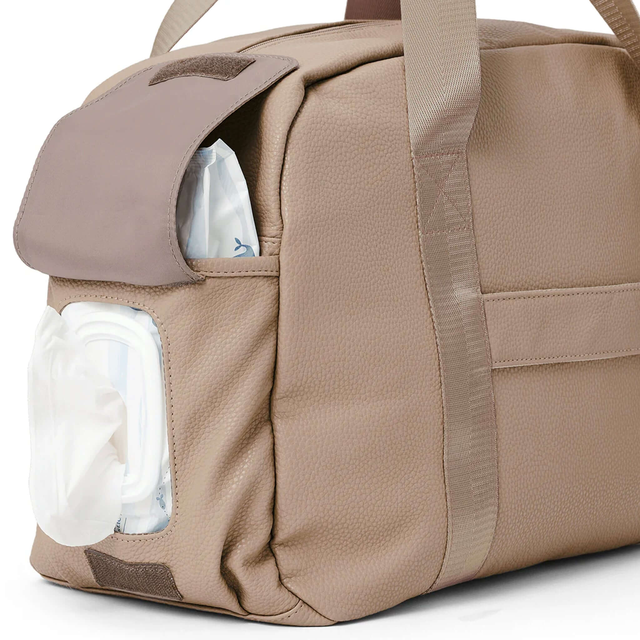 Alt Tag: Pretty Brave Stella Baby Bag - Natural Pebbled vegan pebbled leather baby bag with easy-access wipes pocket and shoulder strap