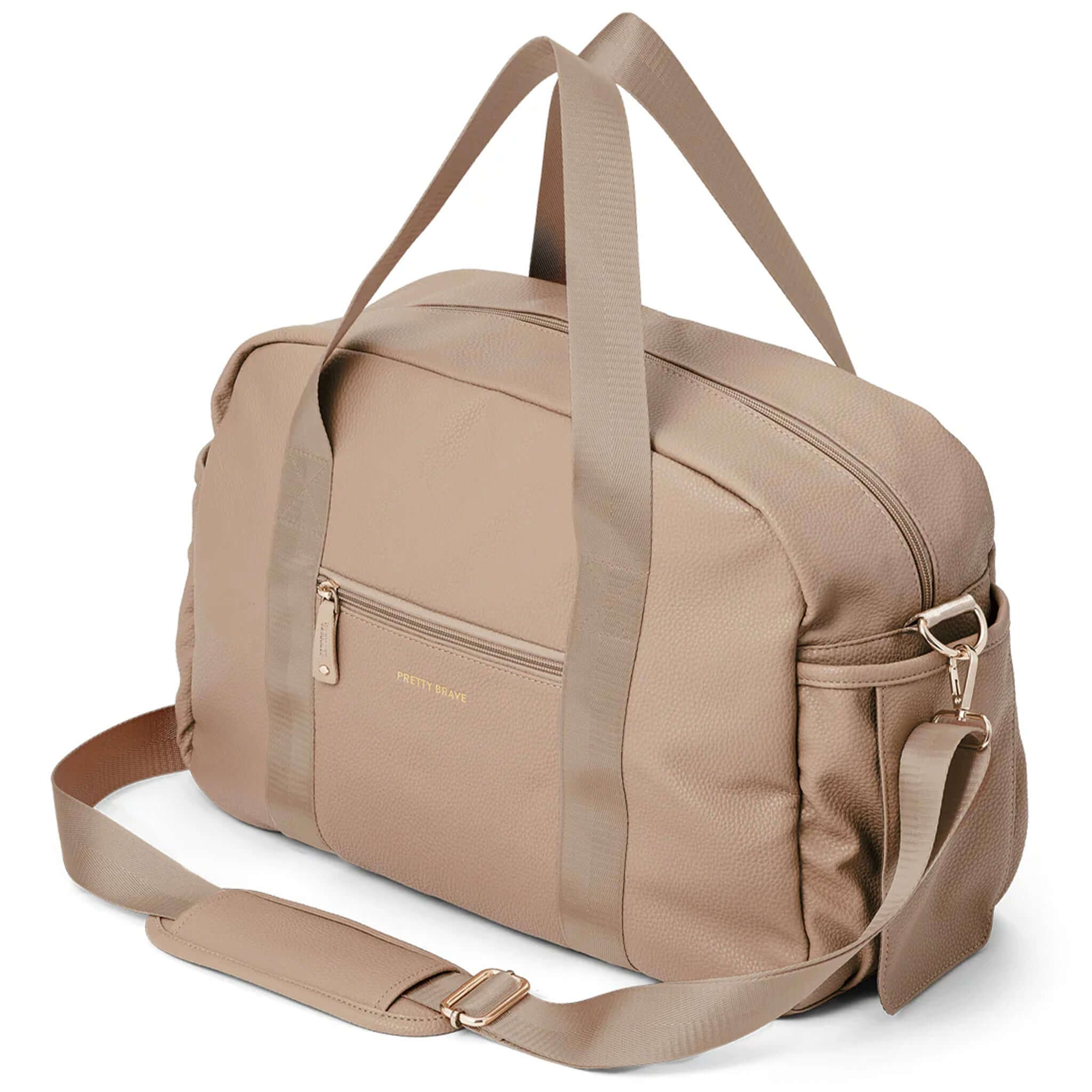 Alt Tag: Pretty Brave Stella Baby Bag - Natural Pebbled vegan pebbled leather baby bag with shoulder strap and carry handles, spacious changing bag