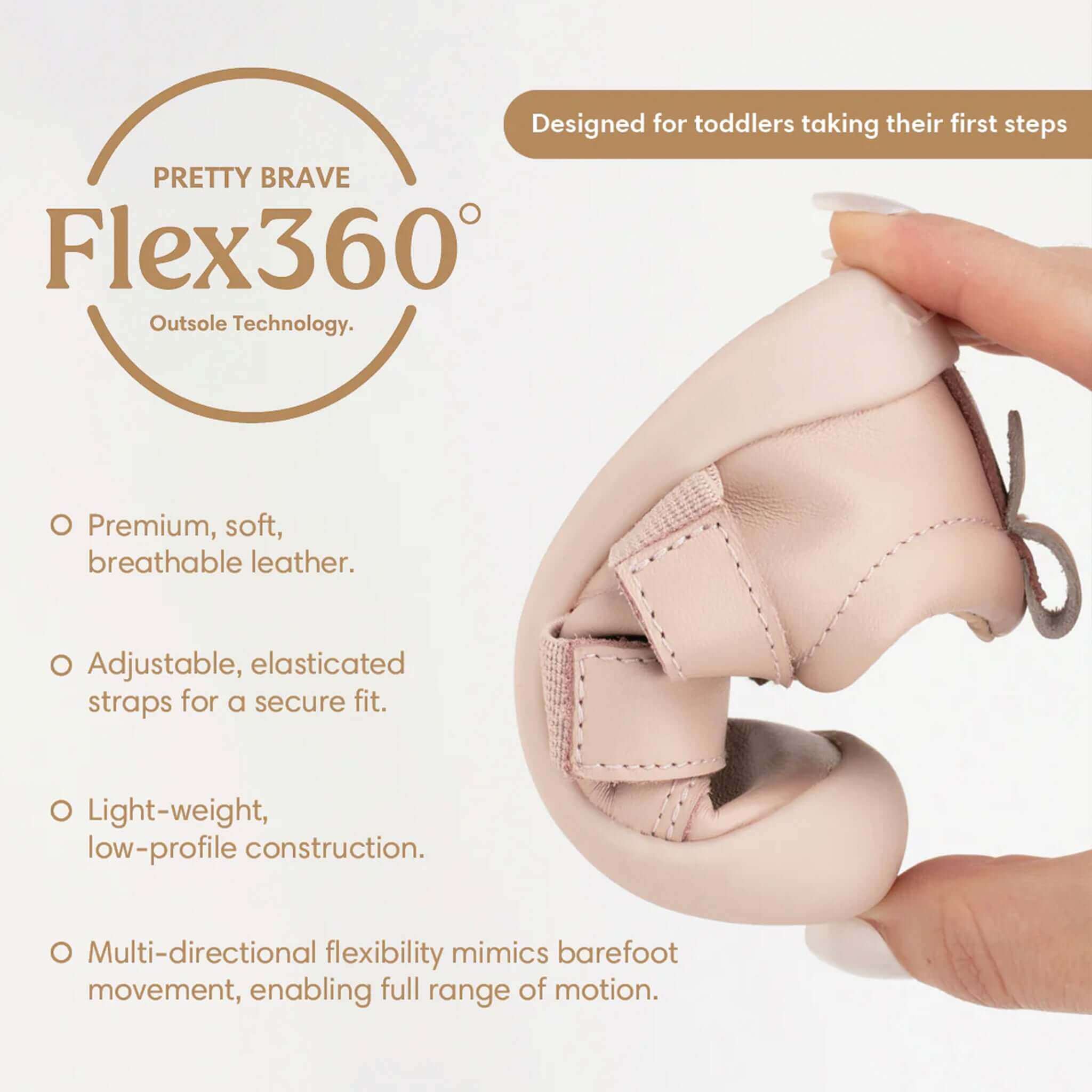 Alt Tag: Pretty Brave Toto Baby Sneakers - Tan Flex360 outsole technology, soft breathable leather, adjustable straps, lightweight flexible first steps