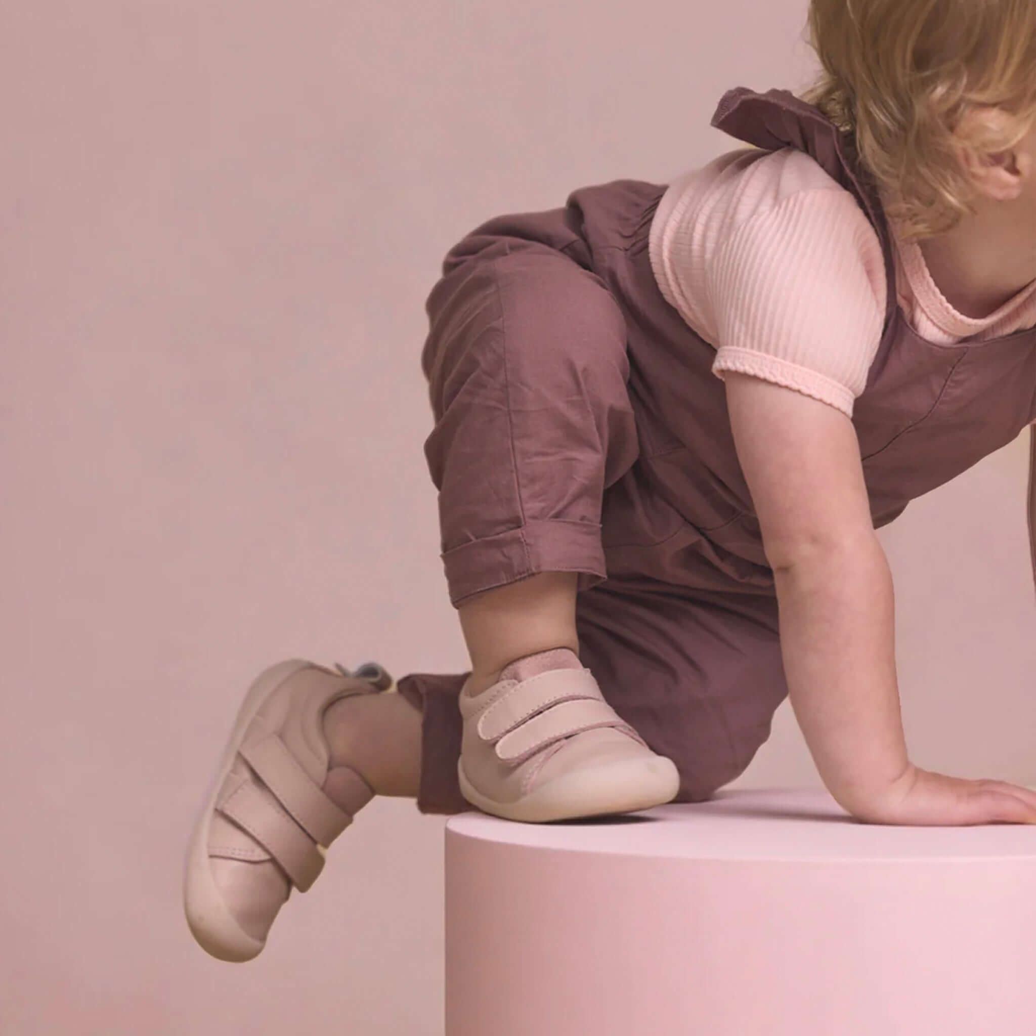 Alt Tag: Pretty Brave Toto Baby Sneakers - Dusky Pink on toddler, soft flexible premium leather first-walker shoes with secure straps