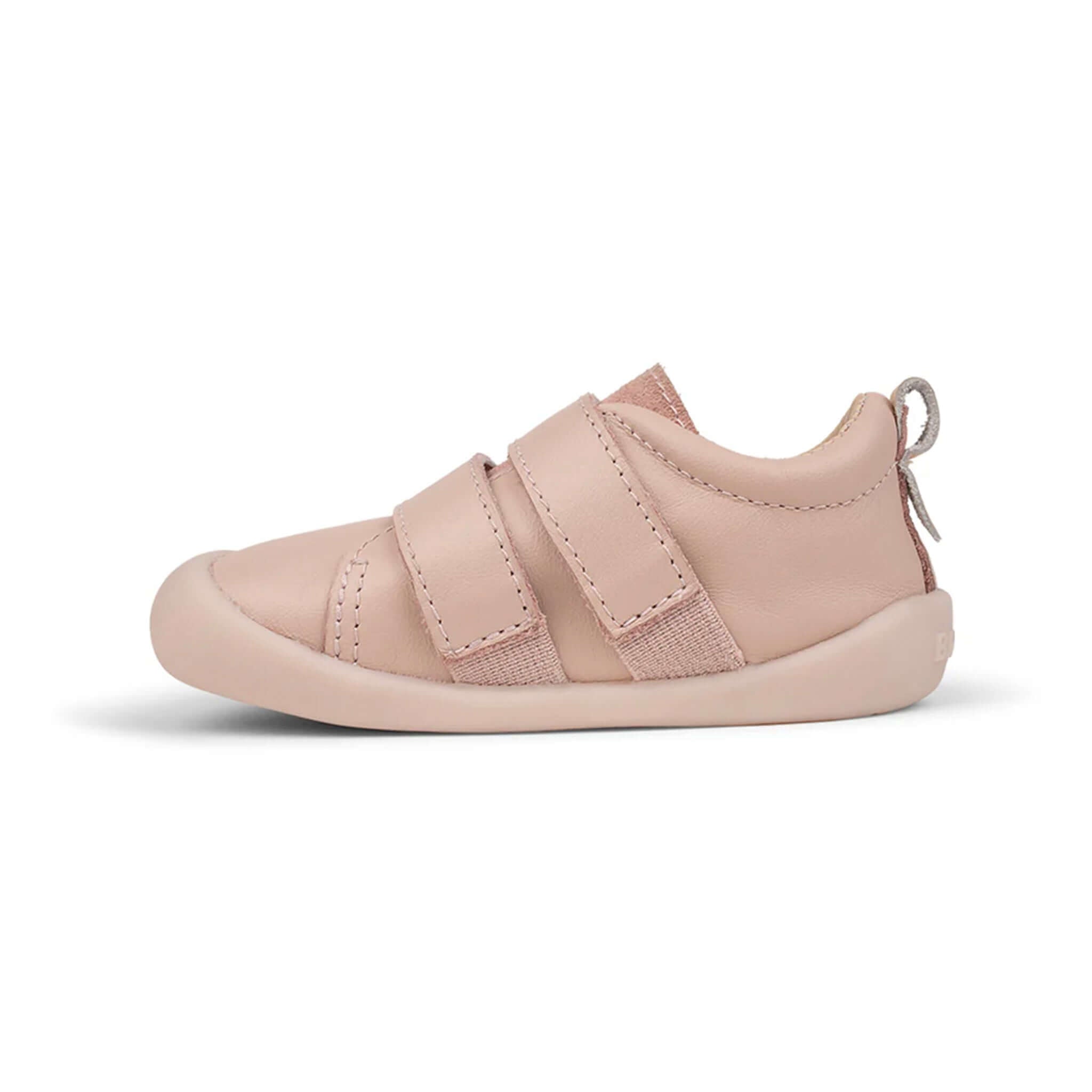 Alt Tag: Pretty Brave Toto Baby Sneakers - Dusky Pink soft leather baby sneaker with triple strap and flexible outsole side view