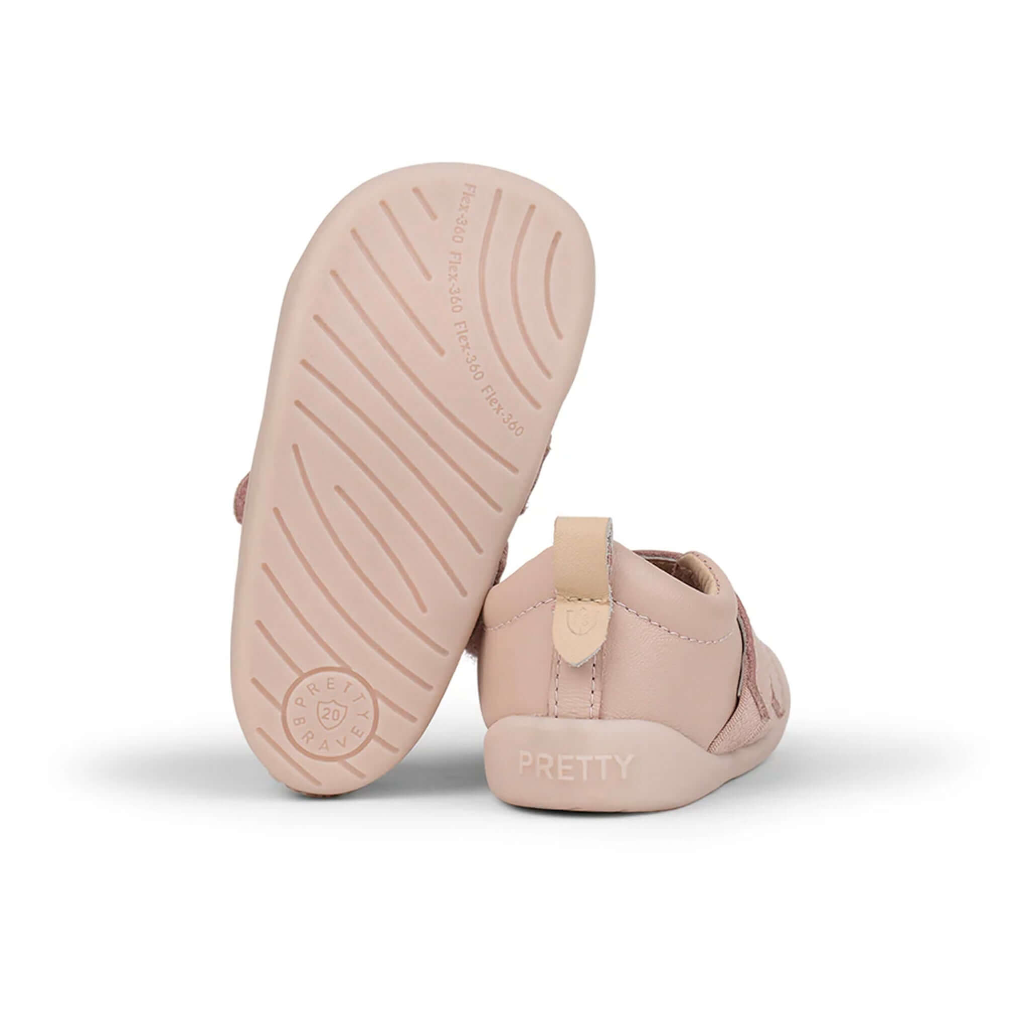 Alt Tag: Pretty Brave Toto Baby Sneakers - Dusky Pink rear and outsole view, premium leather first-walker shoes with Flex 360° sole