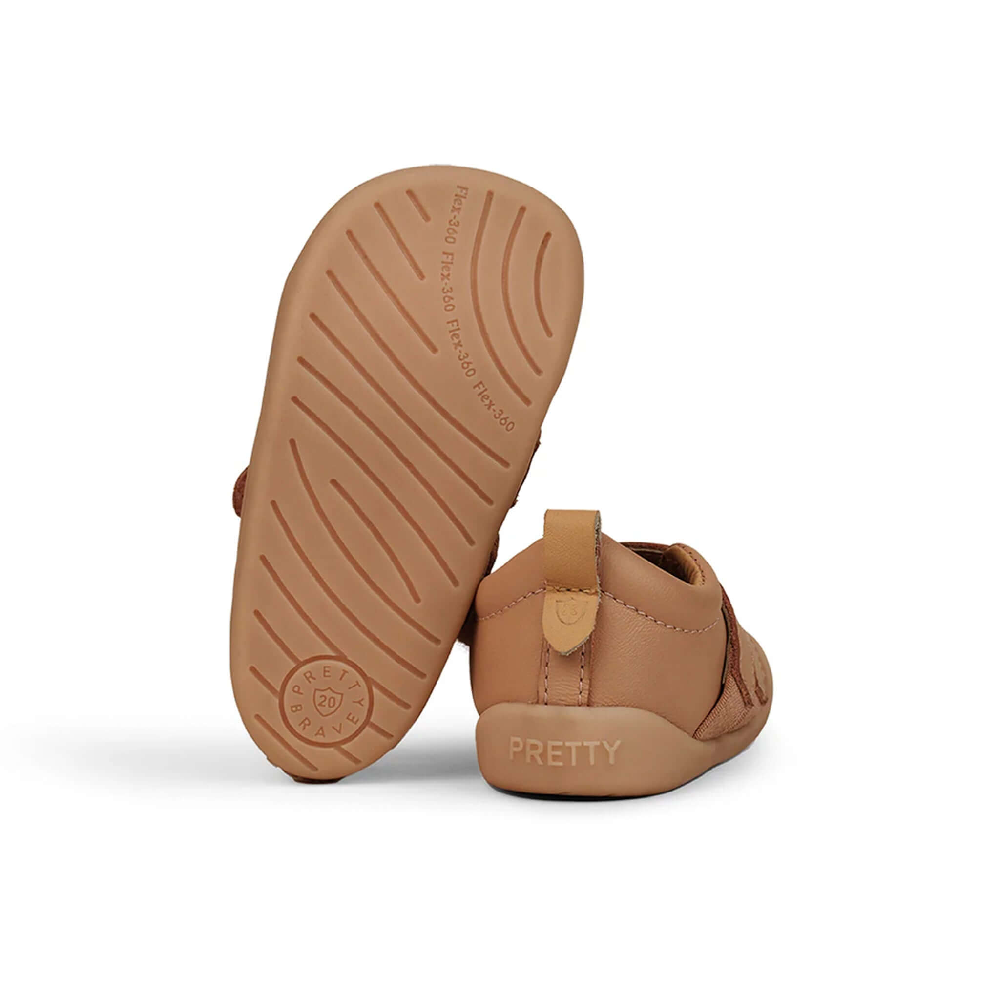Alt Tag: Pretty Brave Toto Baby Sneakers - Tan showing tan leather baby shoes with Flex 360  outsole, breathable lining, soft first-walker fit