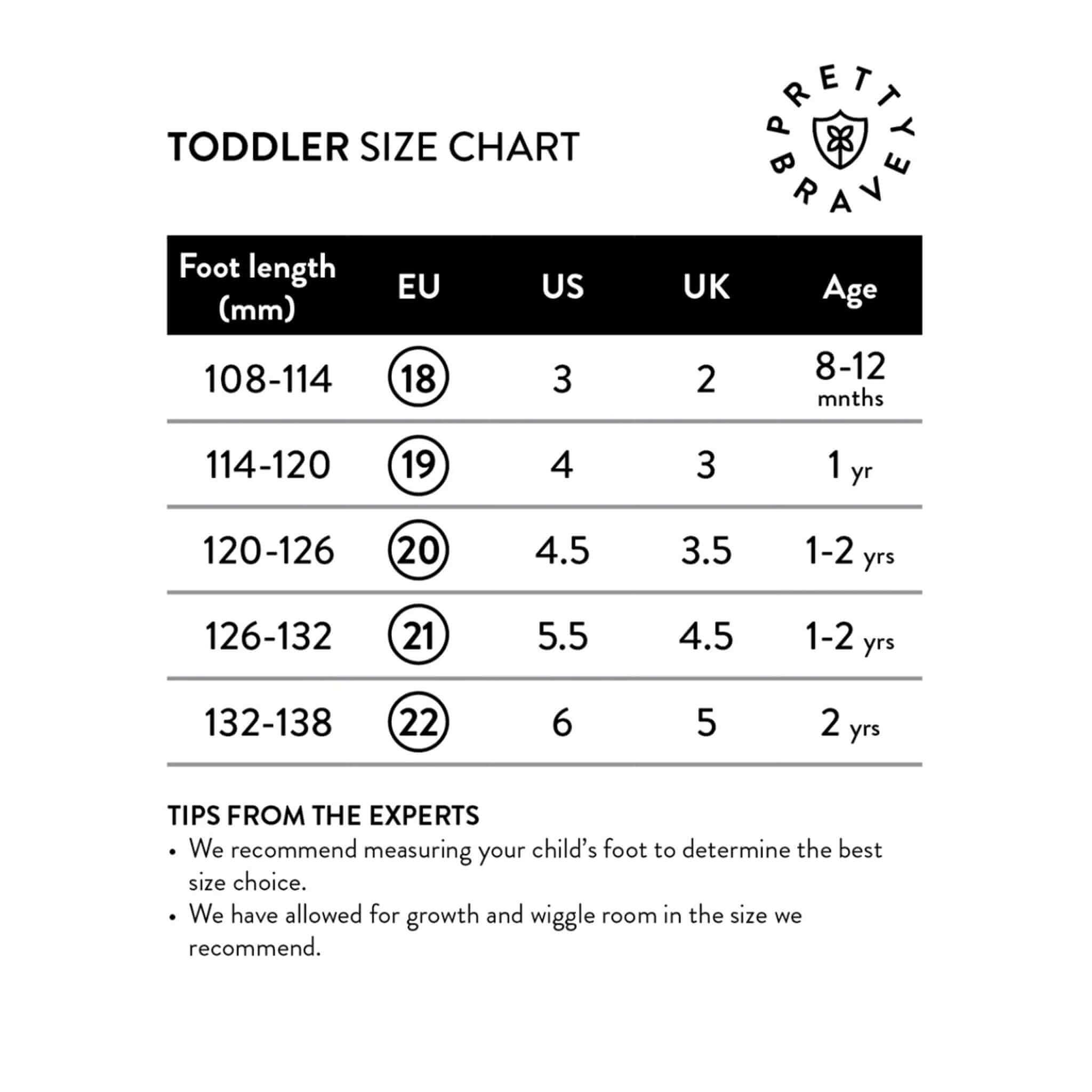 Alt Tag: Pretty Brave Toto Baby Sneakers - Tan toddler size chart showing foot length mm with EU, US, UK and age ranges