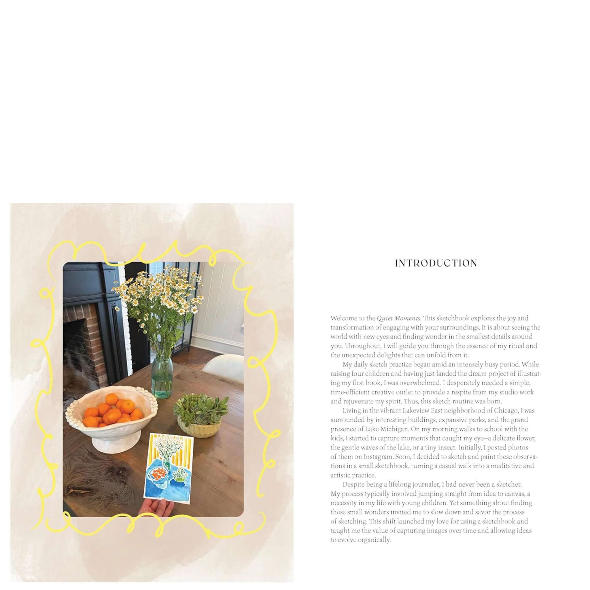 An inviting display featuring Quiet Moments: A Guided Sketchbook with oranges and fresh flowers, promoting daily creativity.