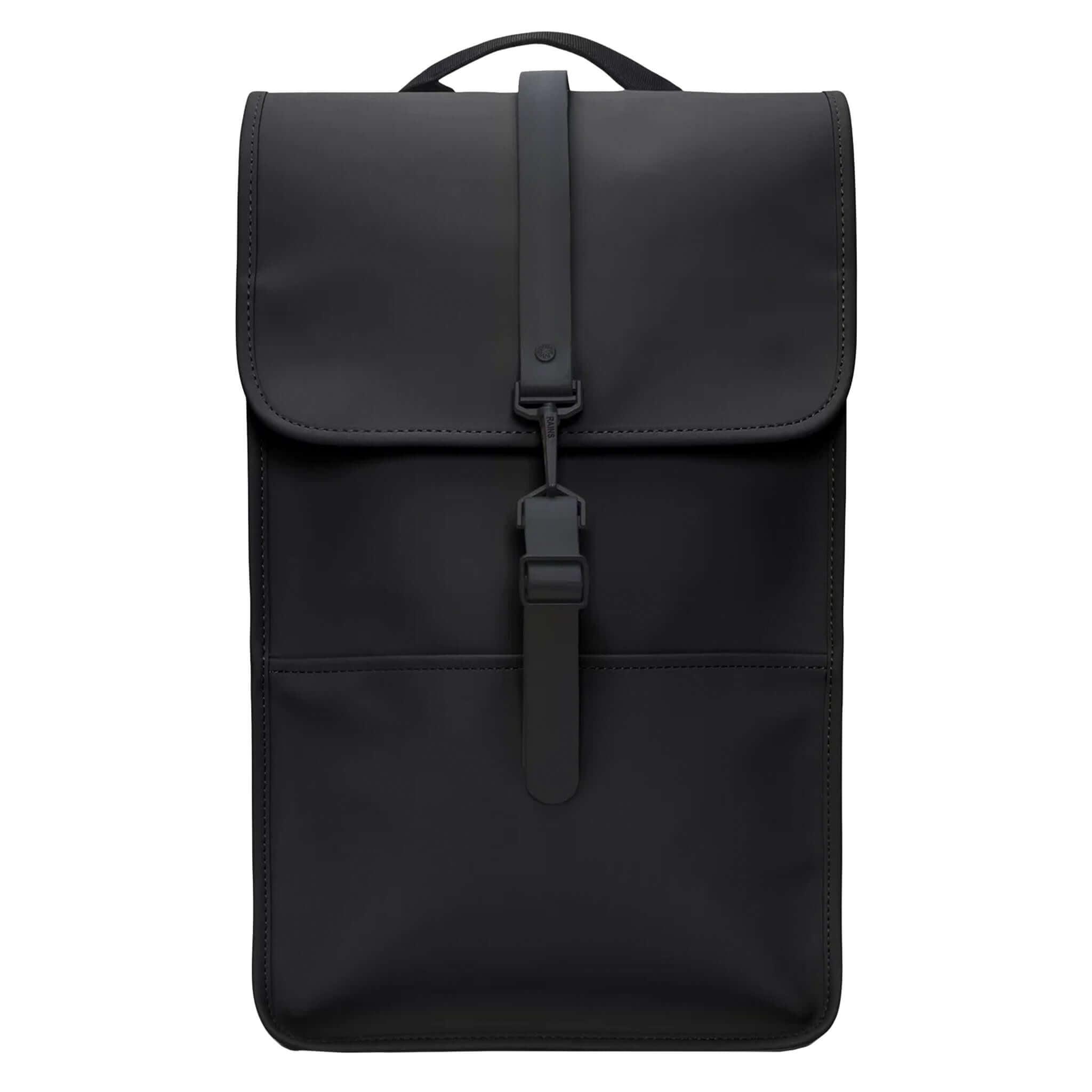 Rains Backpack - Black, a stylish and waterproof commuter backpack with a minimal design.