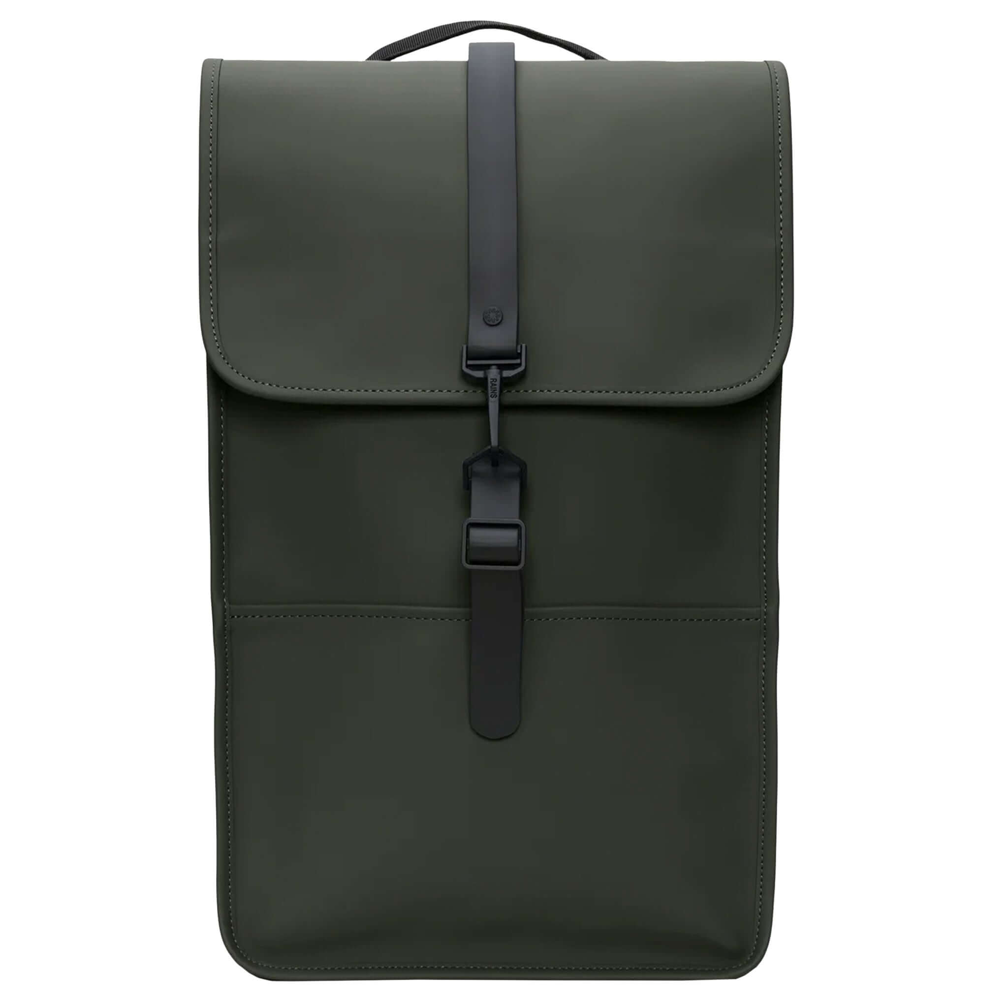 Rains Backpack - Green, a minimalist waterproof backpack with a flap-over design and magnetic snap closure.