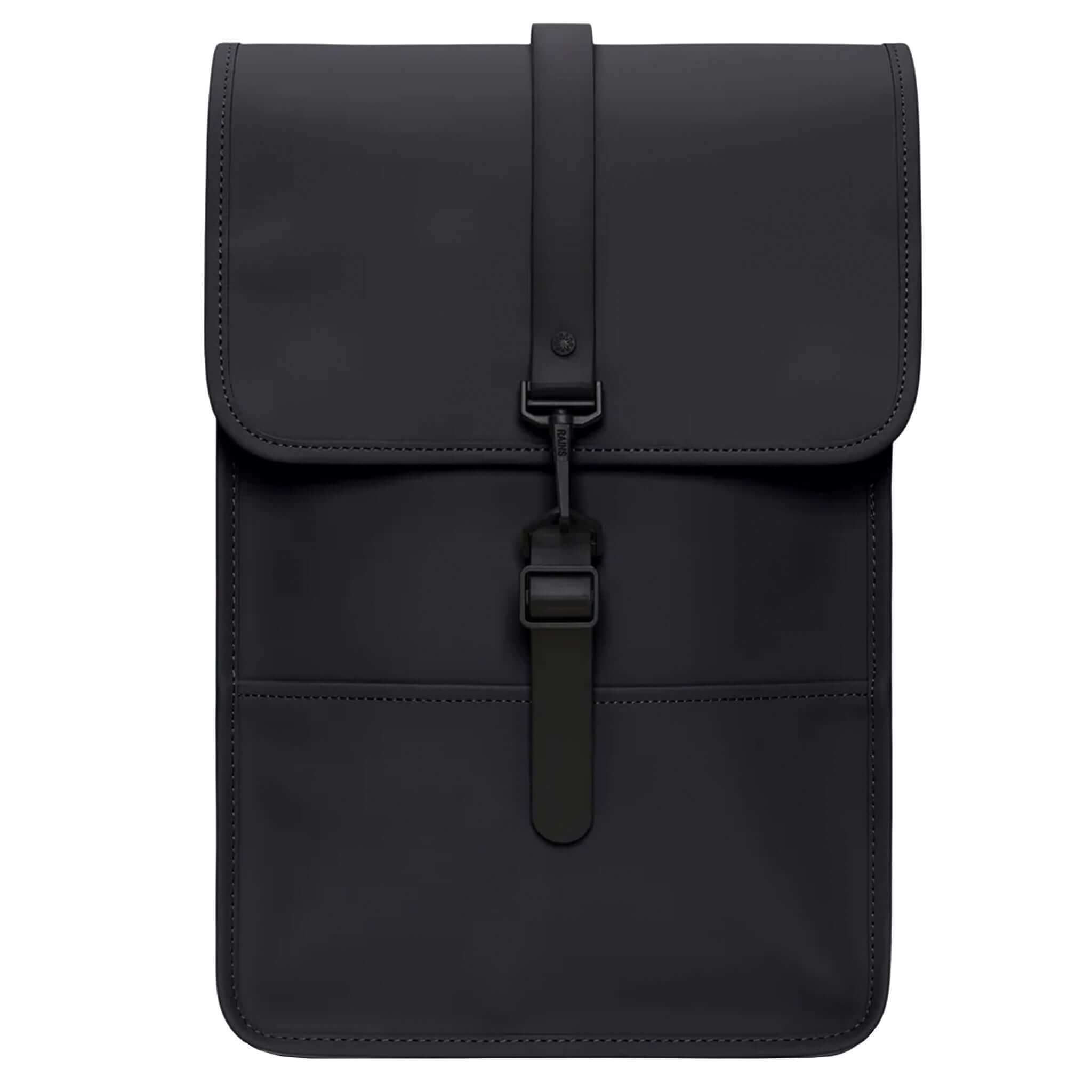 Rains Backpack Mini - Black with clean squared silhouette and flap closure.