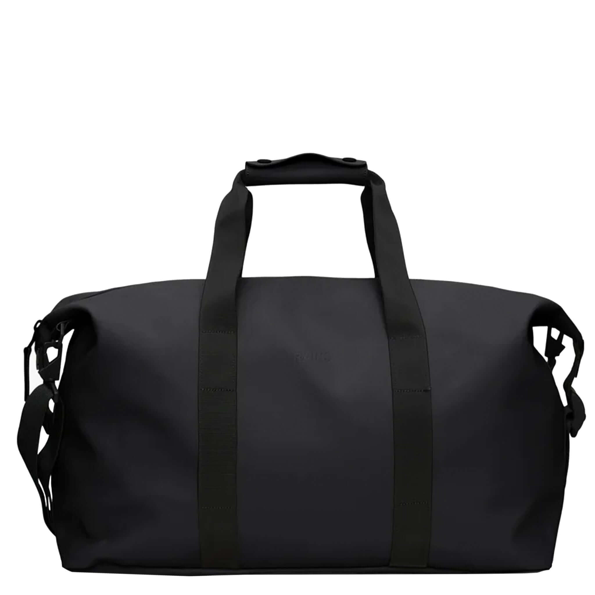Rains Hilo Weekend Bag - Black featuring waterproof design and minimal silhouette for travel or gym use.