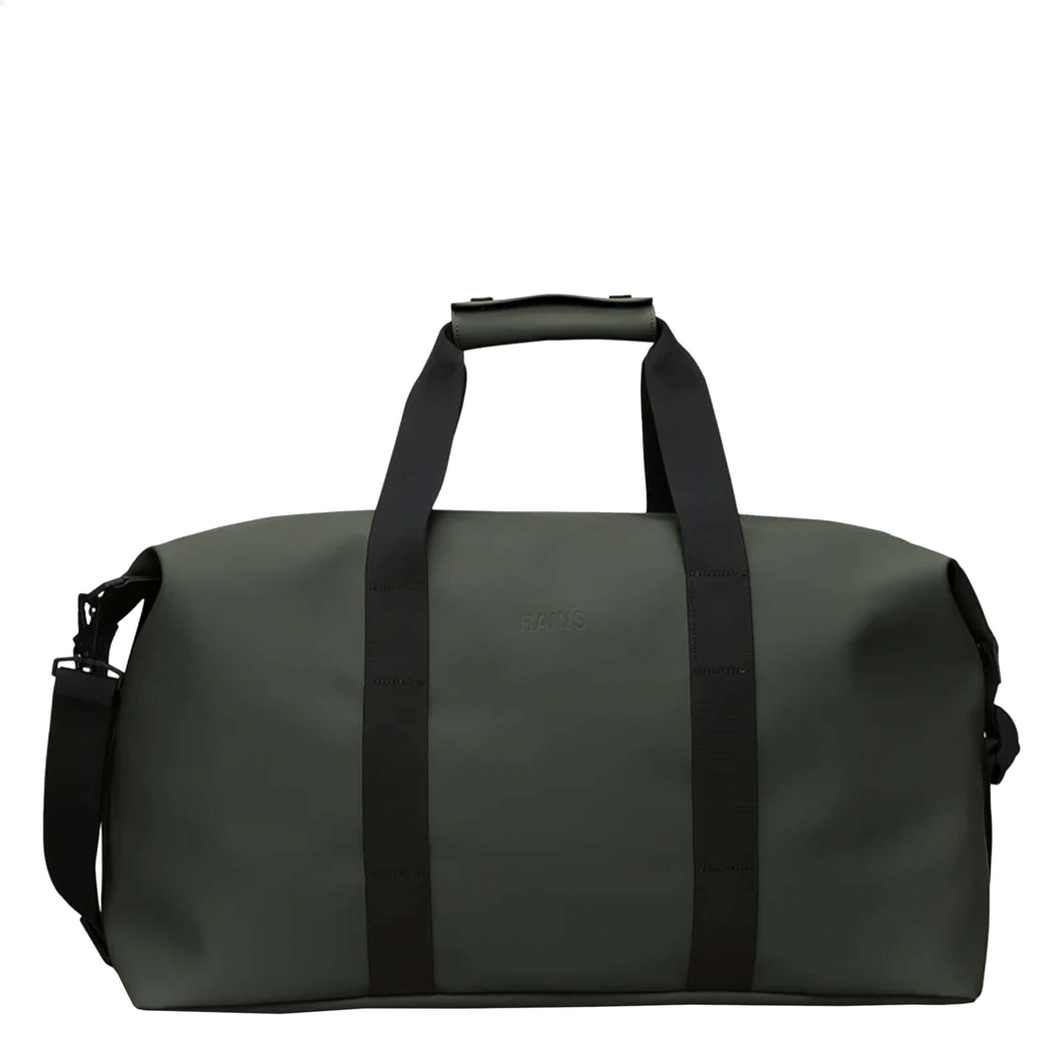Rains Hilo Weekend Bag - Green front view showcasing its minimal design and waterproof PU fabric.