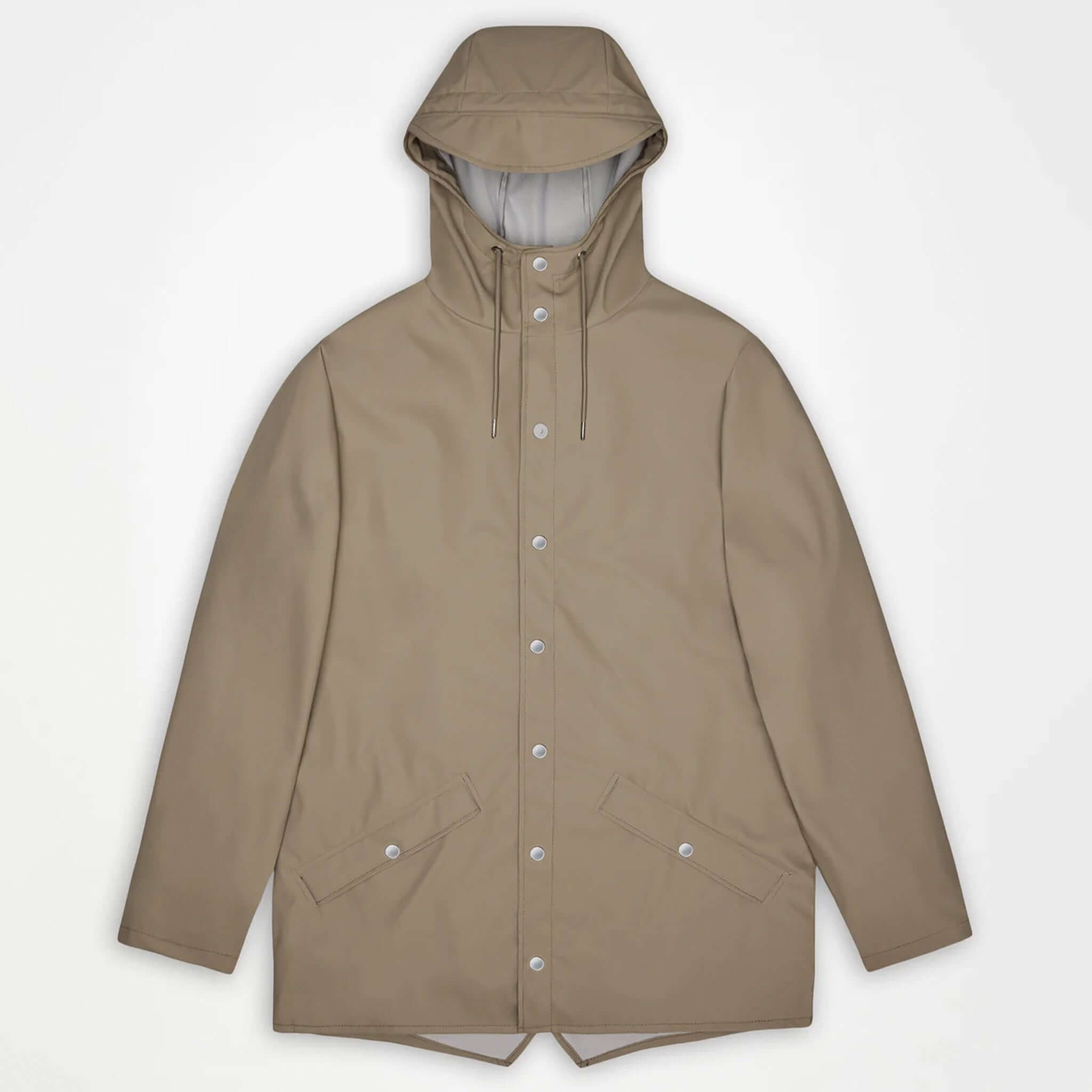 Rains Jacket - Beige shown from front, featuring adjustable hood and snap front, perfect for stylish rainy days.