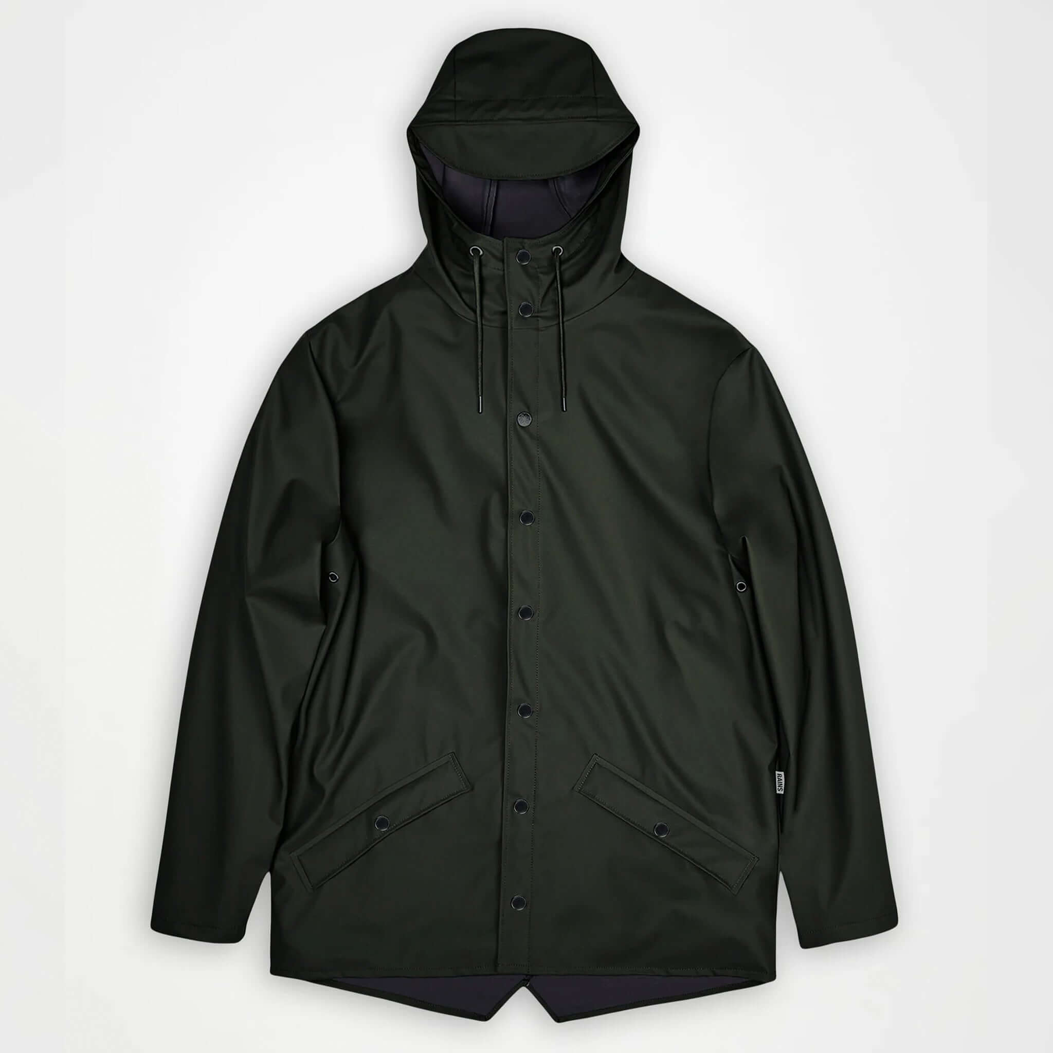 Rains Jacket - Green with adjustable drawstring hood and snap-close side pockets.