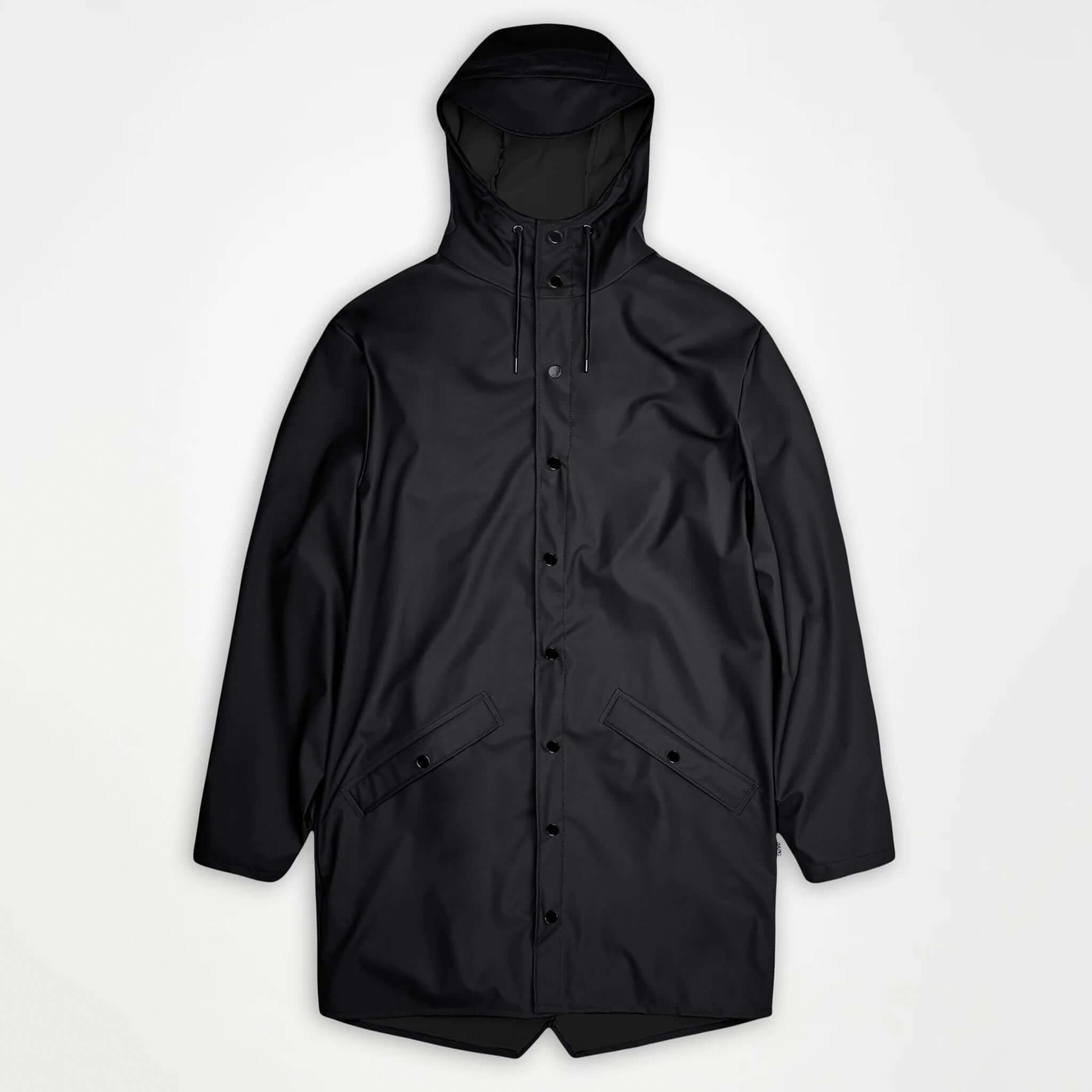 Rains Long Jacket - Black, minimal design with adjustable hood and snap closures for rain protection.