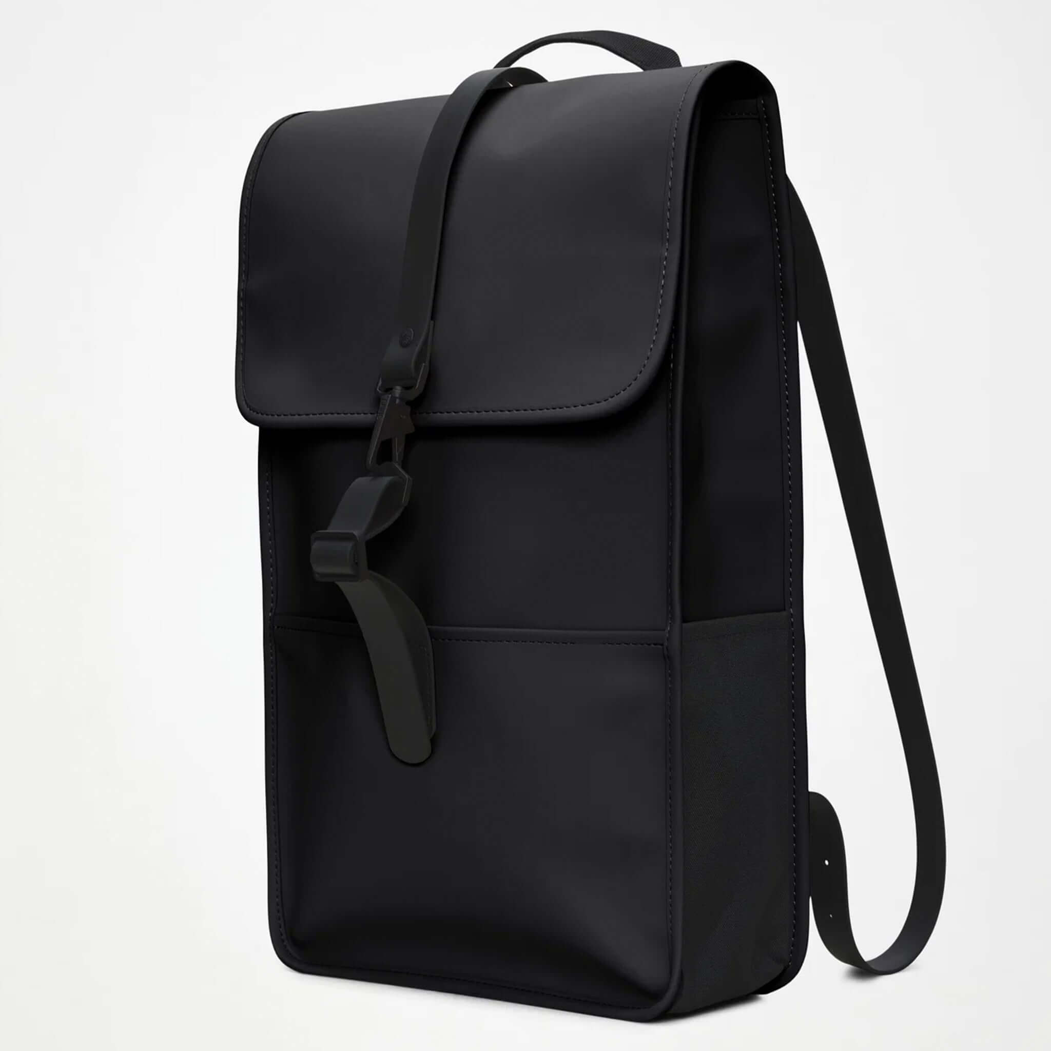 Rains Backpack - Black showcasing a sleek design with flap-over silhouette and waterproof fabric.