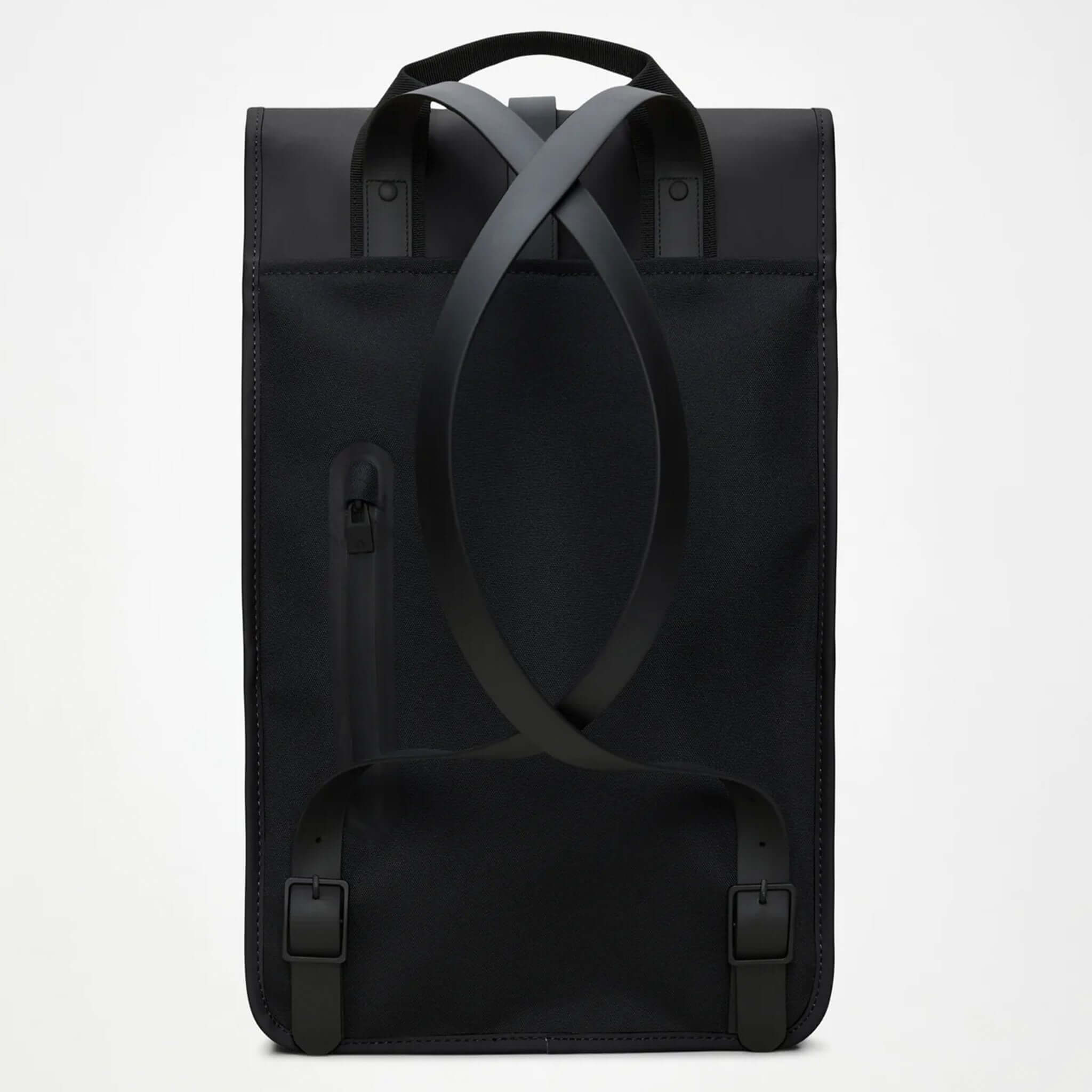 Rains Backpack - Black with minimal flap design and waterproof fabric, ideal for commuters.