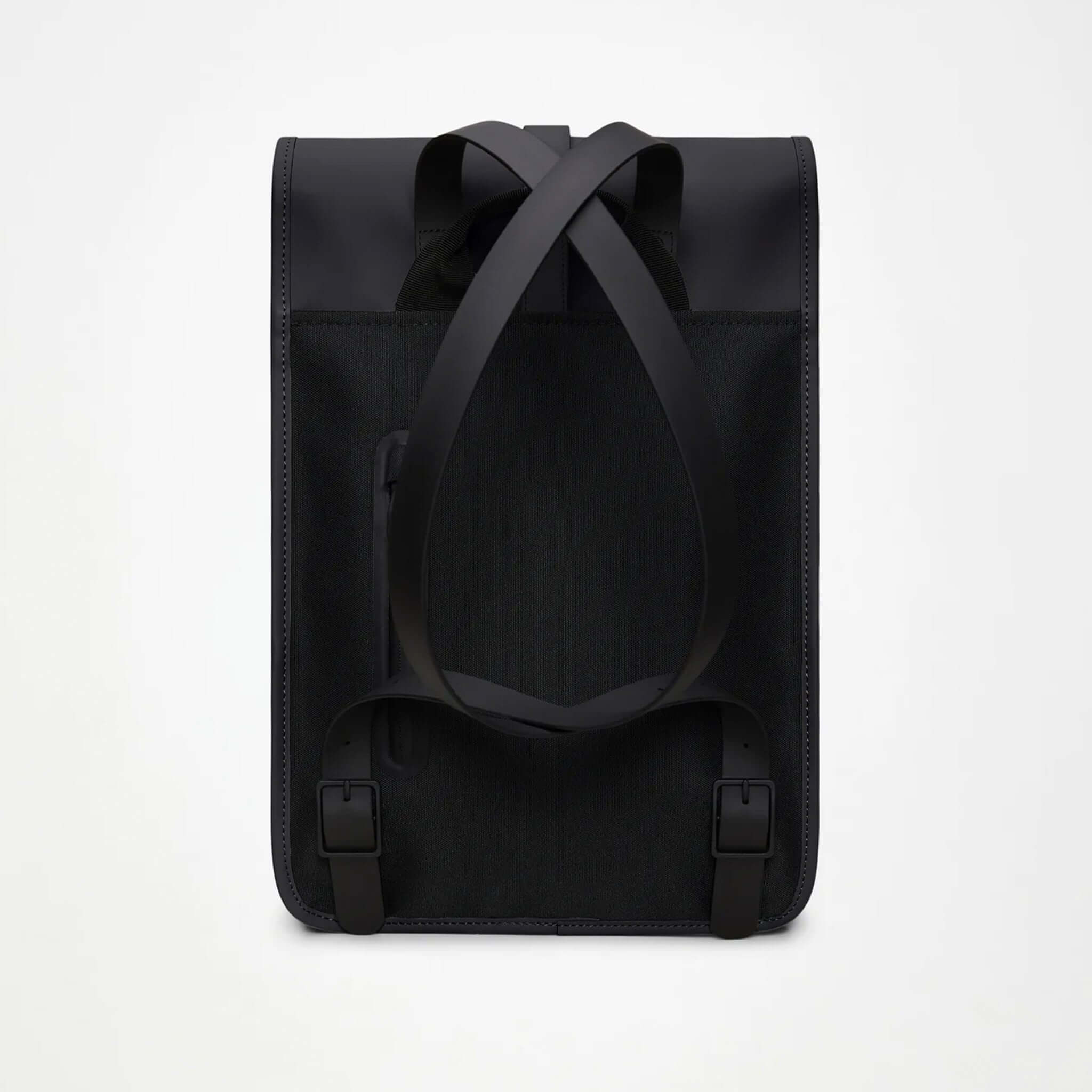 Rains Backpack Mini - Black back view showcasing straps and minimalist design.