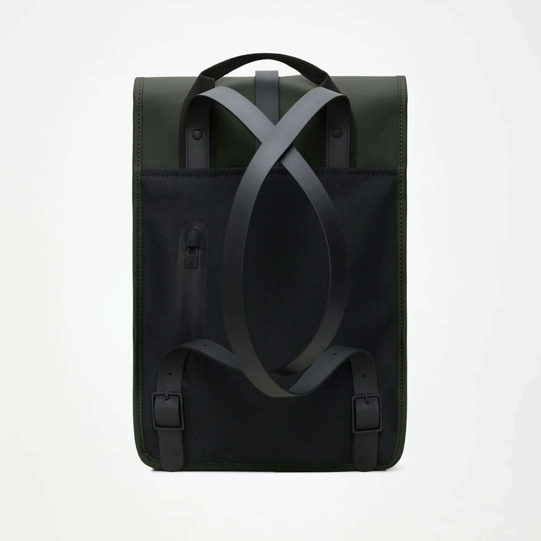 Rains Backpack Mini - Green, compact backpack with flap closure and stylish design.